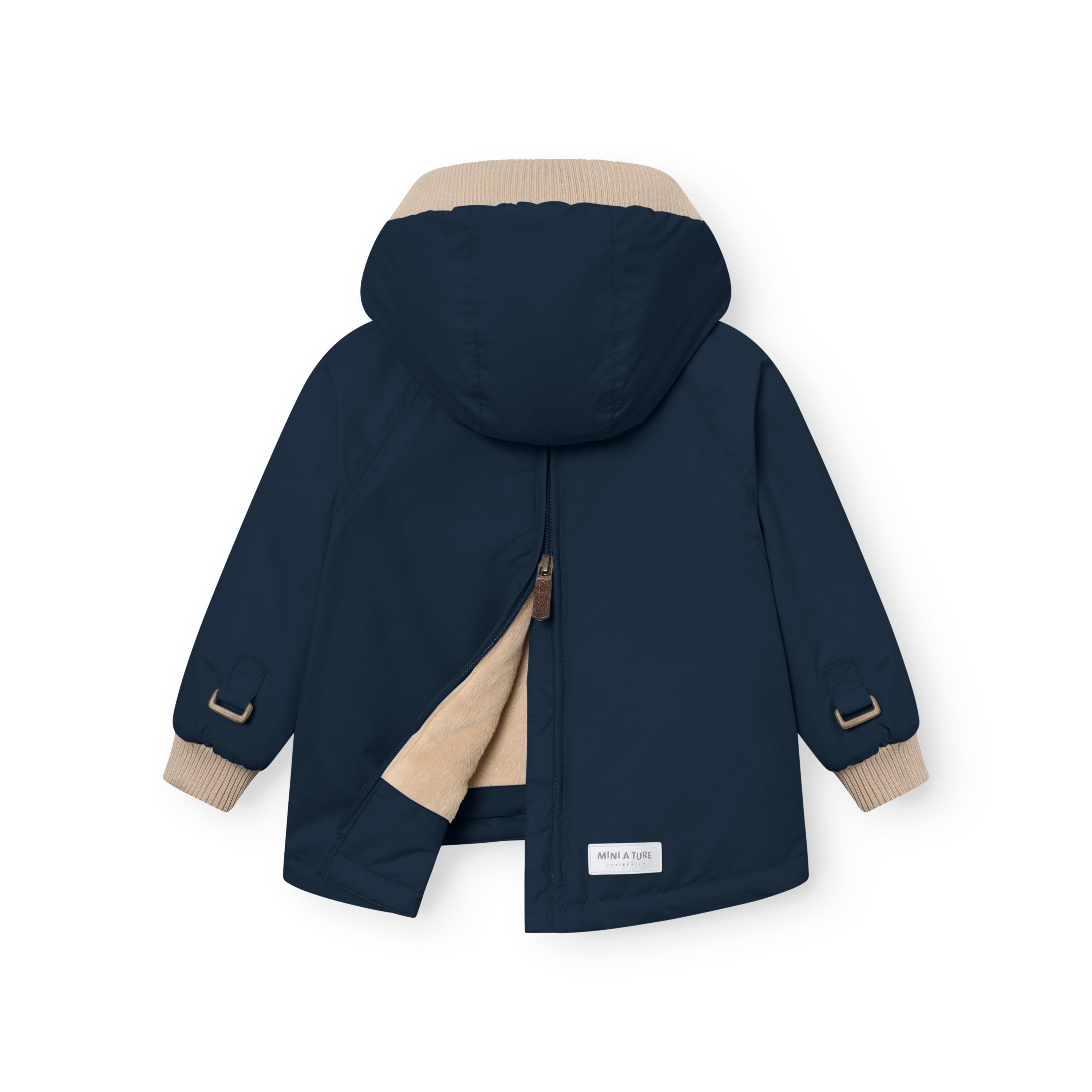 MATBABYWEN anorak in navy blue shown from the back with the full-length zip partially open, revealing the beige fleece lining and demonstrating how the coat opens flat for easier dressing, with adjustable sleeve tabs and beige ribbed hood and cuffs visible.