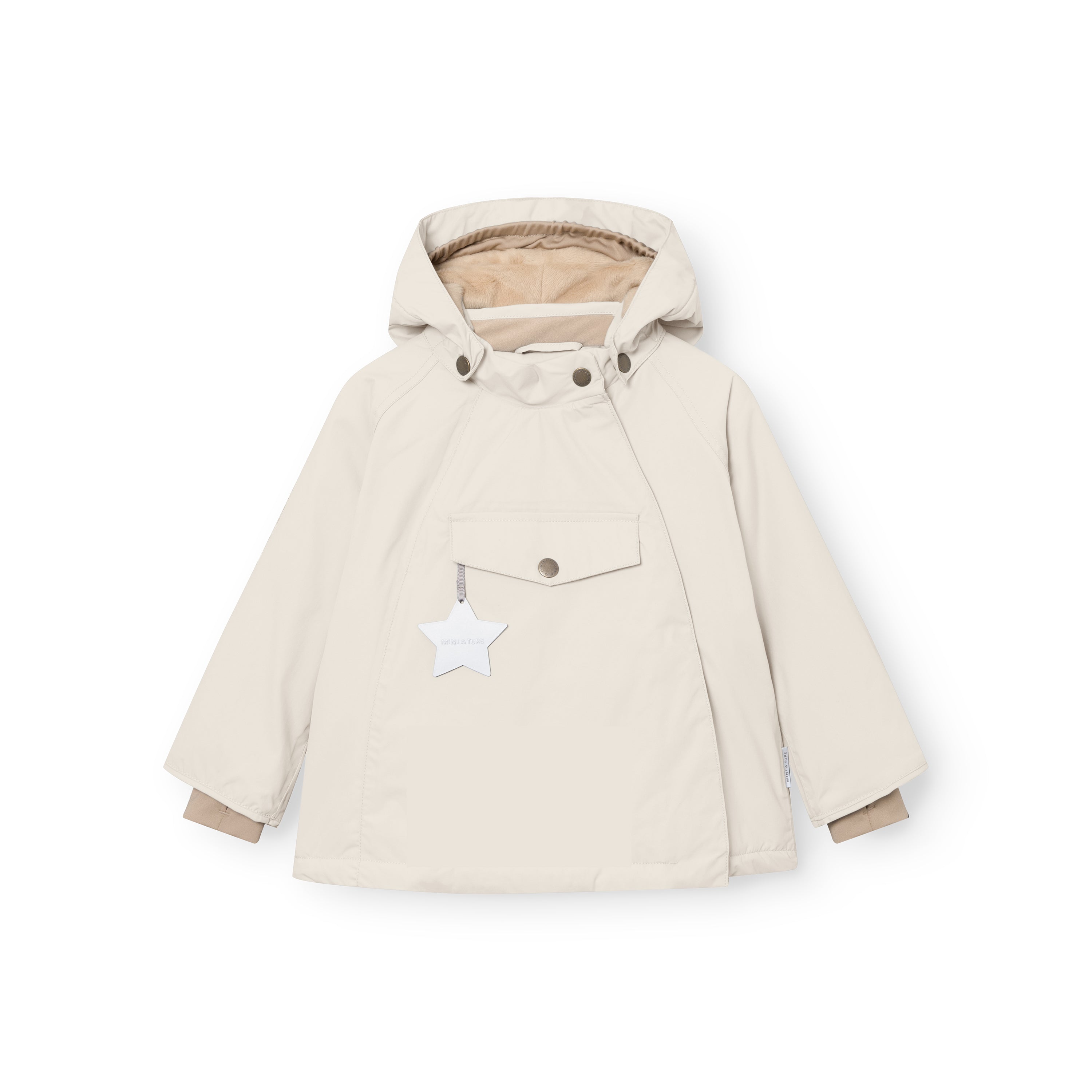 MATWANG fleece-lined winter jacket in soft cream showing the front view with the detachable pointed hood, bronze press-stud fastenings, concealed slanted zip, chest pocket with bronze snap closure, white reflective star hanging from the pocket, and beige fleece lining visible at the cuffs and hood opening.