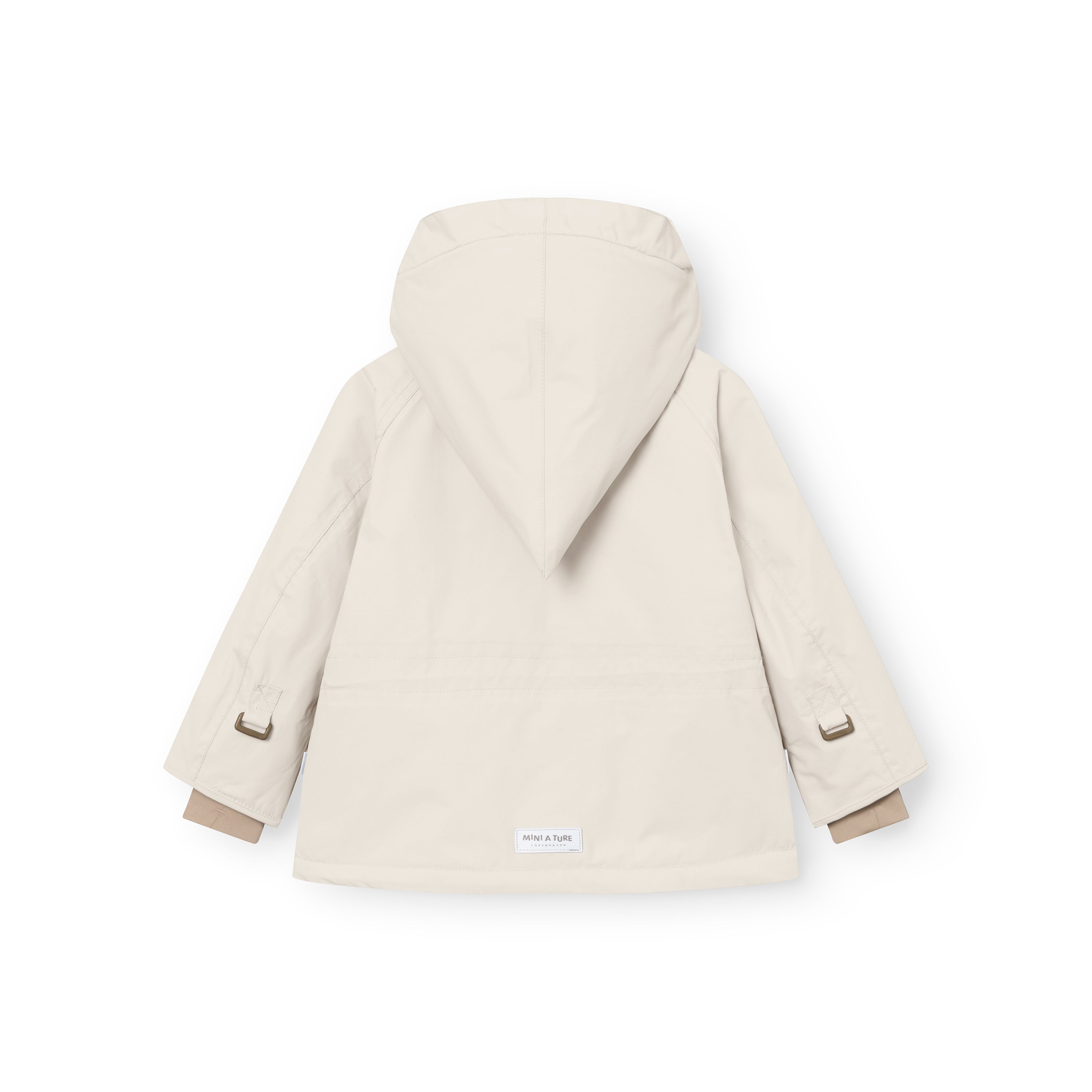 MATWANG fleece-lined winter jacket in soft cream shown from the back with the detachable pointed hood attached, bronze D-ring buckle fastenings at both cuffs, white MINI A TURE label at the hem, and beige fleece lining visible at the sleeve openings.