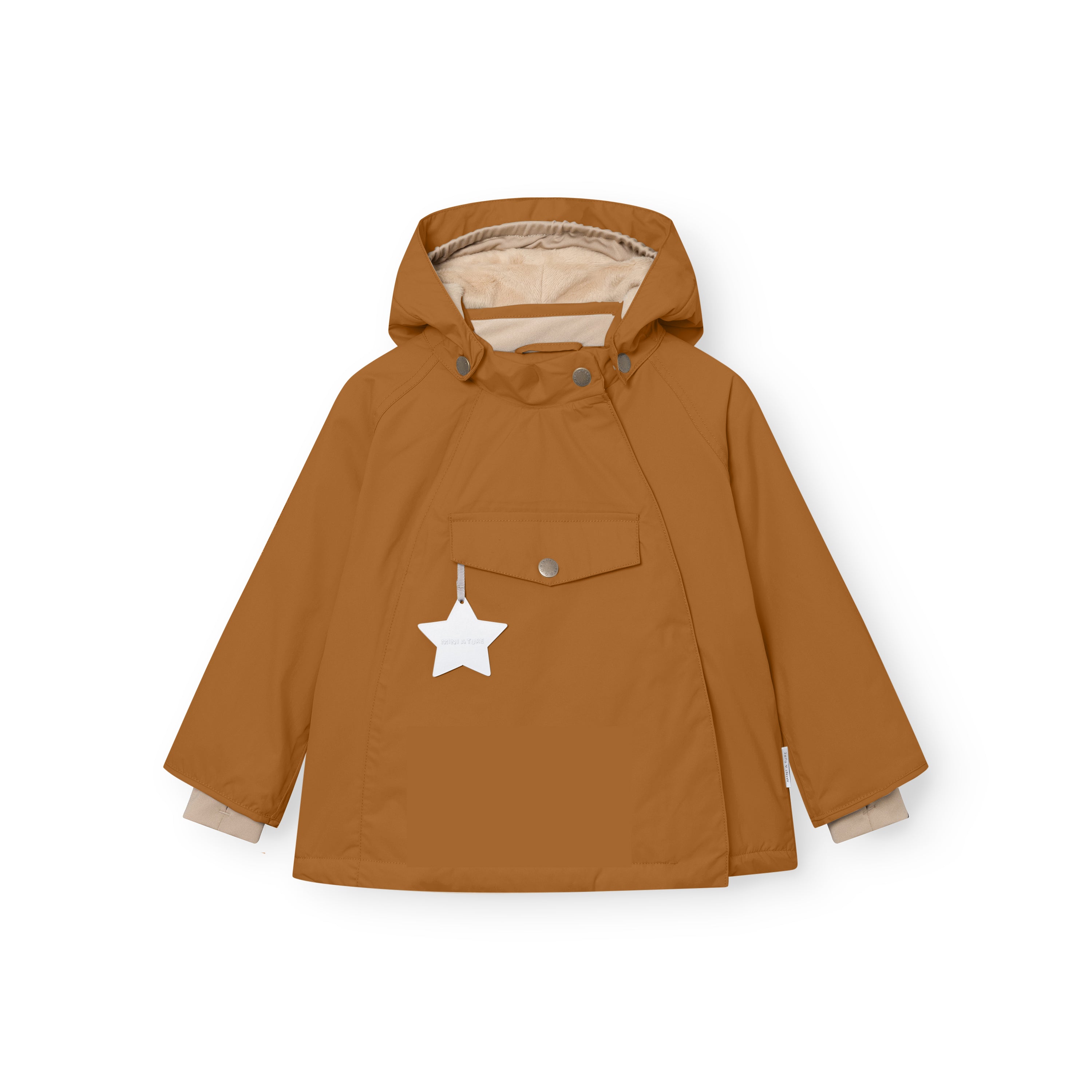 Front view of the MATWANG fleece-lined winter jacket in warm brown with the detachable pointed hood attached, bronze-toned press studs securing the concealed front flap, a white reflective star hanging from the chest pocket, and beige fleece lining visible at the hood interior and both sleeve cuffs.