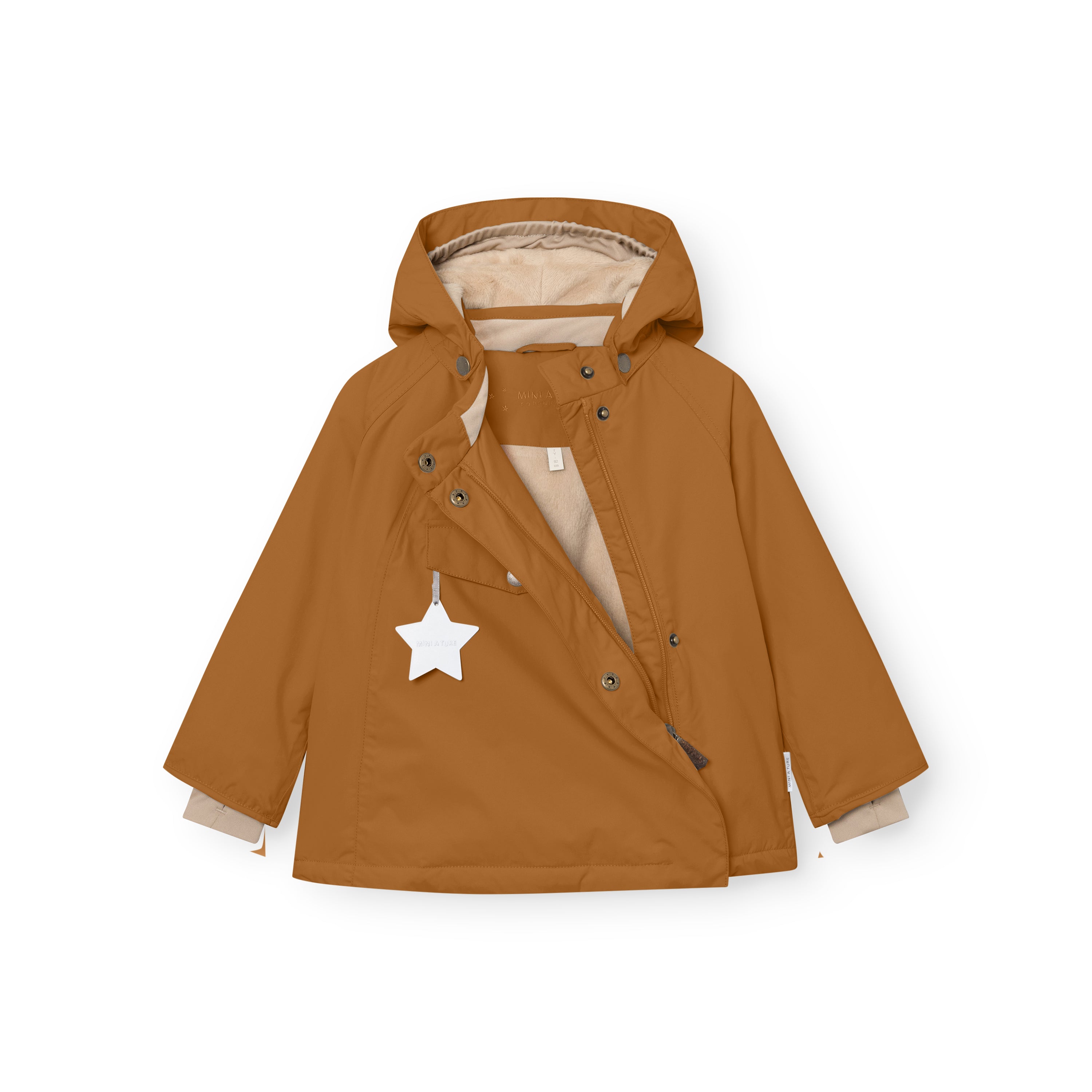 MATWANG fleece-lined winter jacket in warm brown laid flat with the concealed front flap opened to reveal the beige fleece lining, bronze-toned press studs along the slanted zip closure, detachable pointed hood, and a white reflective star hanging from the front pocket.