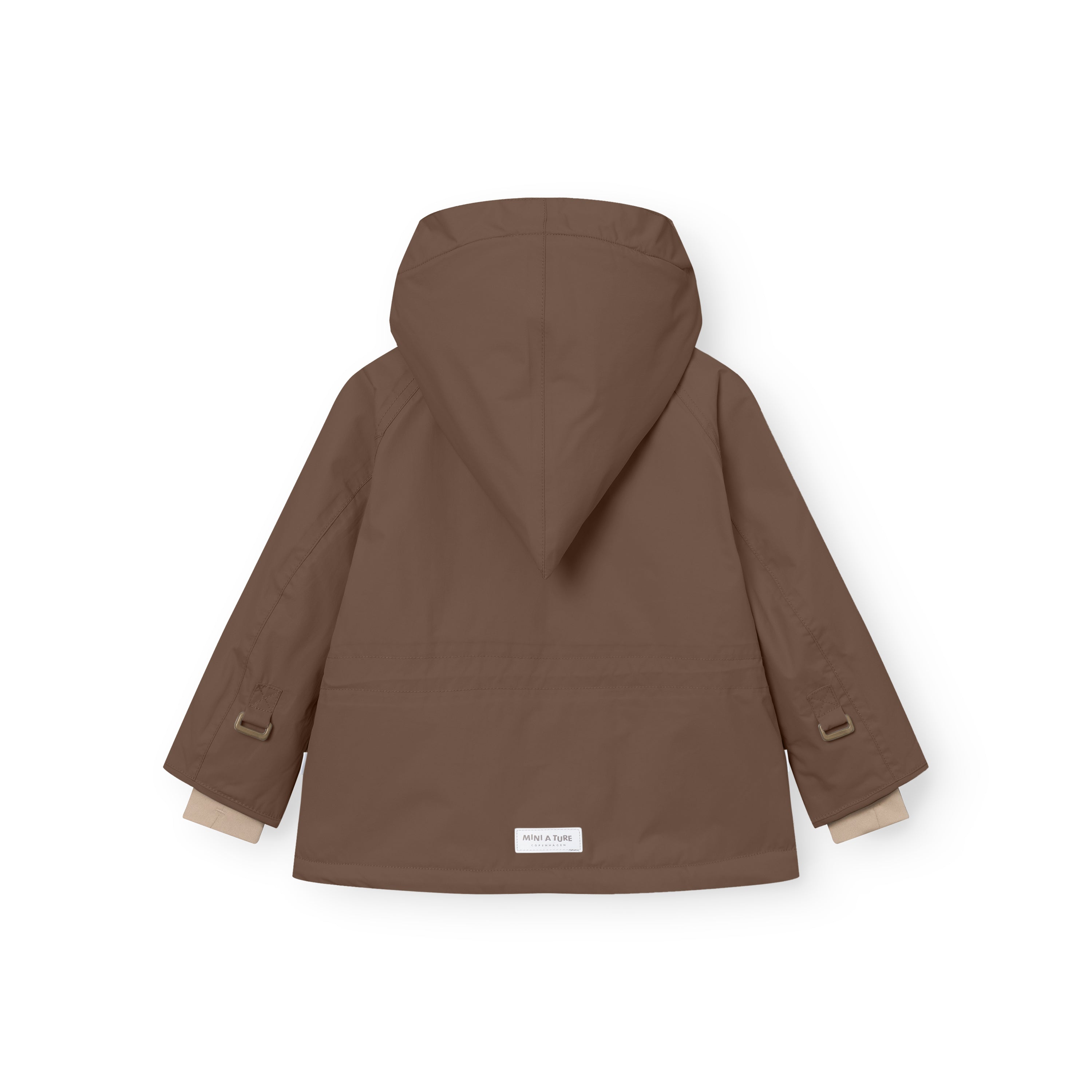 Rear view of the MATWANG fleece-lined winter jacket in warm brown showing the detachable pointed hood, beige fleece lining visible at both sleeve cuffs, bronze-toned metal D-ring fastenings on each sleeve, and a white MINI A TURE label sewn at the hem.