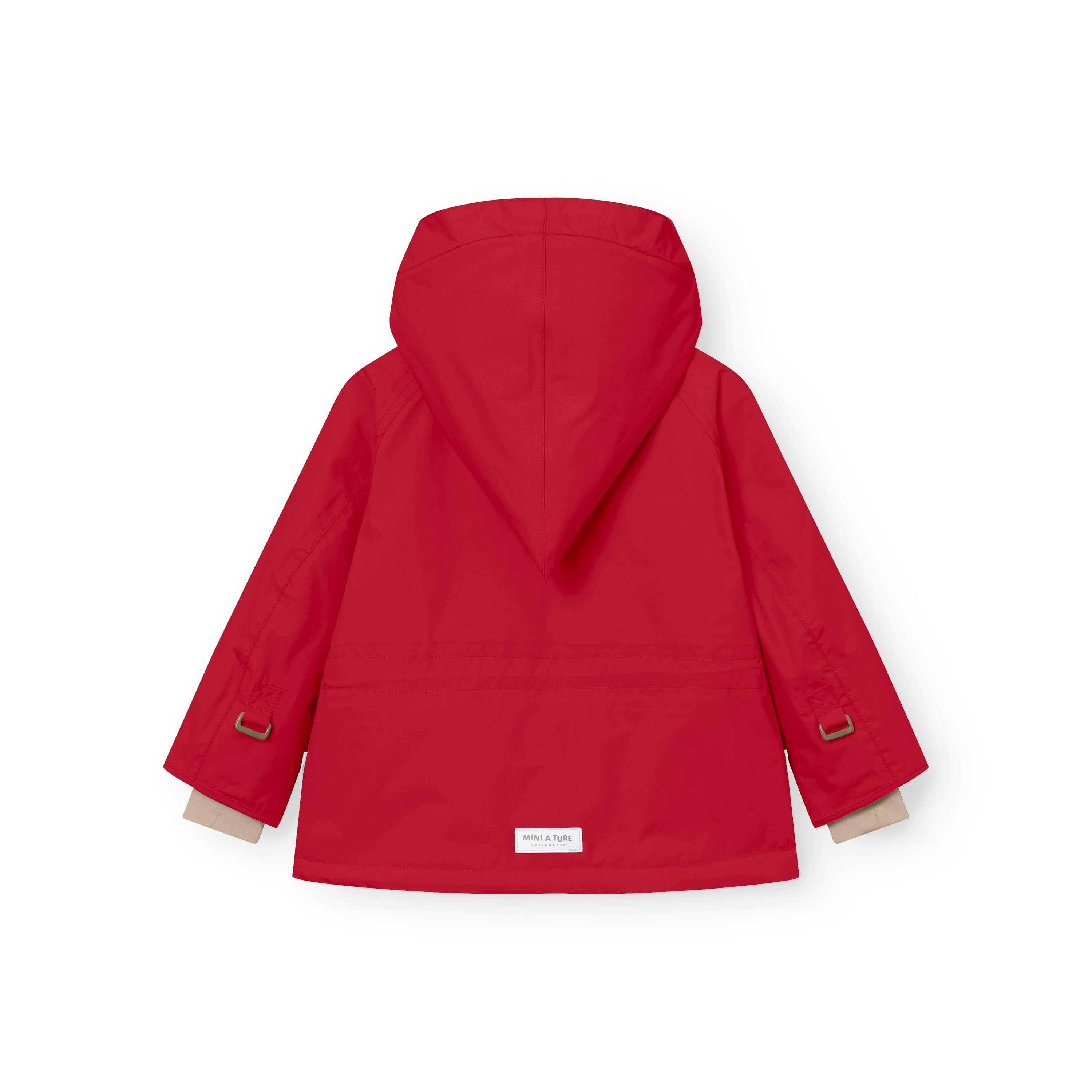 MATWANG fleece-lined winter jacket in red, viewed from the back, displaying the detachable pointed hood, beige fleece-lined cuffs, and a white MINI A TURE label at the hem above the waterproof recycled nylon shell.