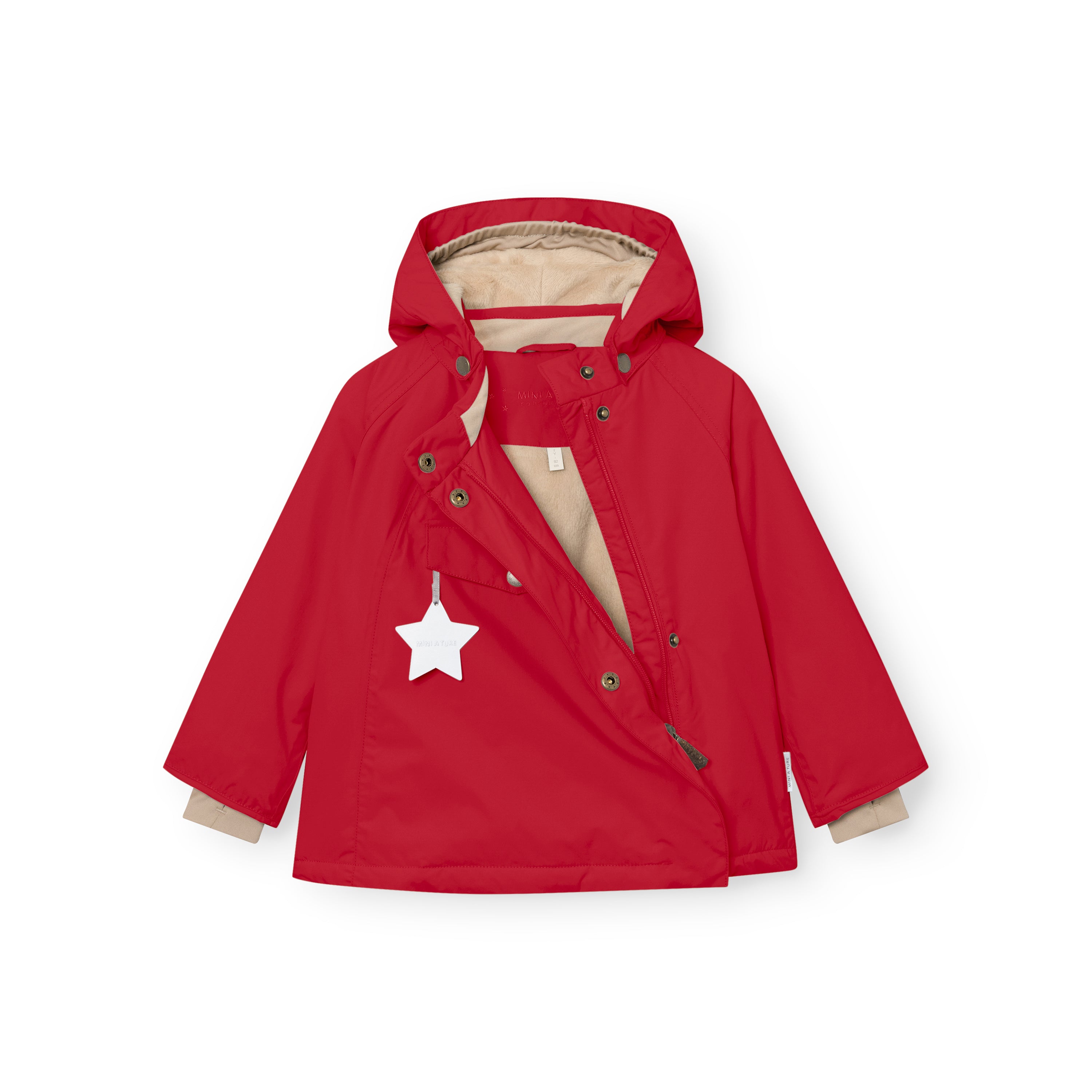 MATWANG fleece-lined winter jacket in red with the front partially open, revealing the beige fleece interior, adjustable elastic waist and press-stud closure system, alongside the white reflective star hanging from the chest pocket.