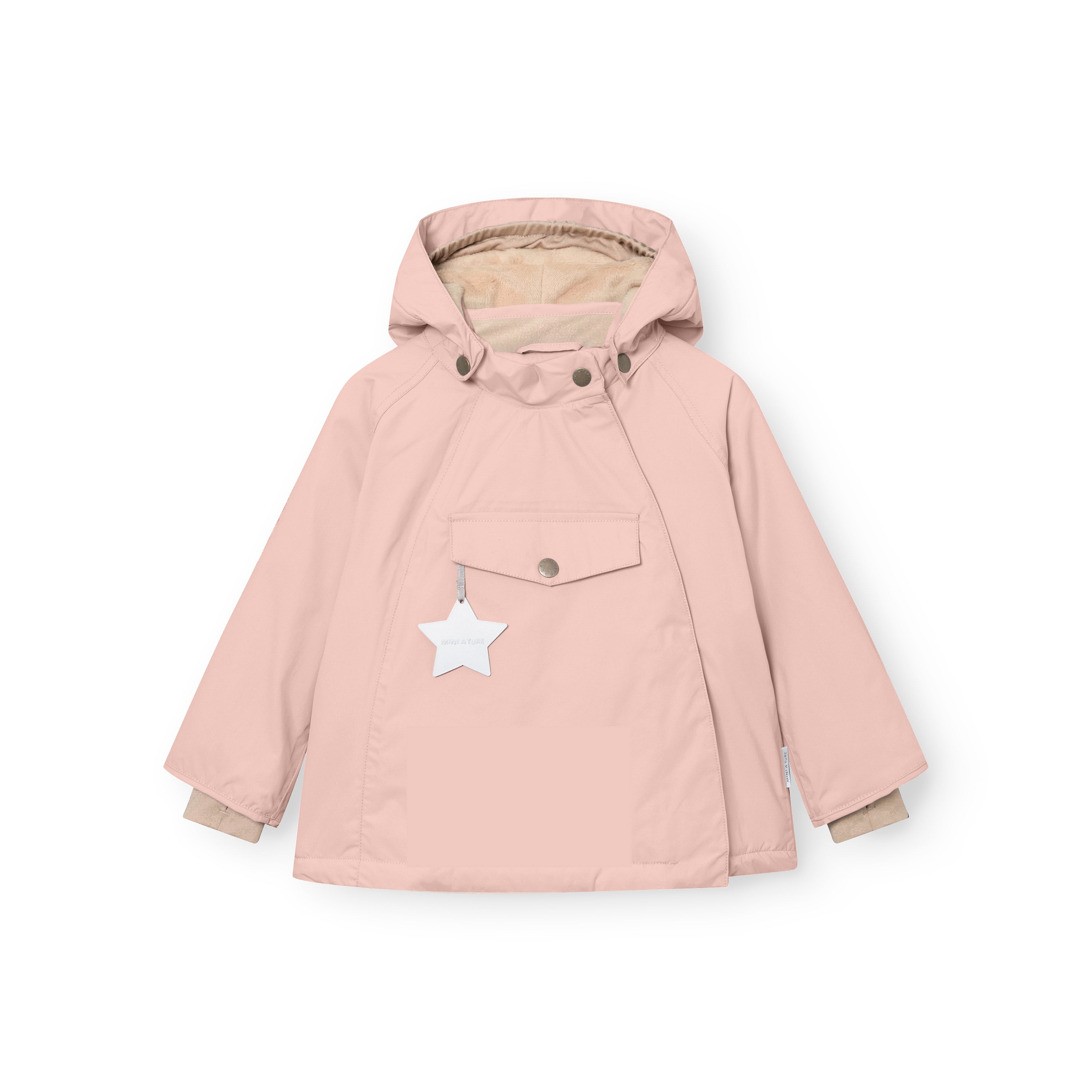 MATWANG fleece-lined winter jacket in soft pink with a detachable pointed hood, hidden slanted front zip, fleece lining visible at the hood and cuffs, and a reflective star detail hanging from the chest pocket.