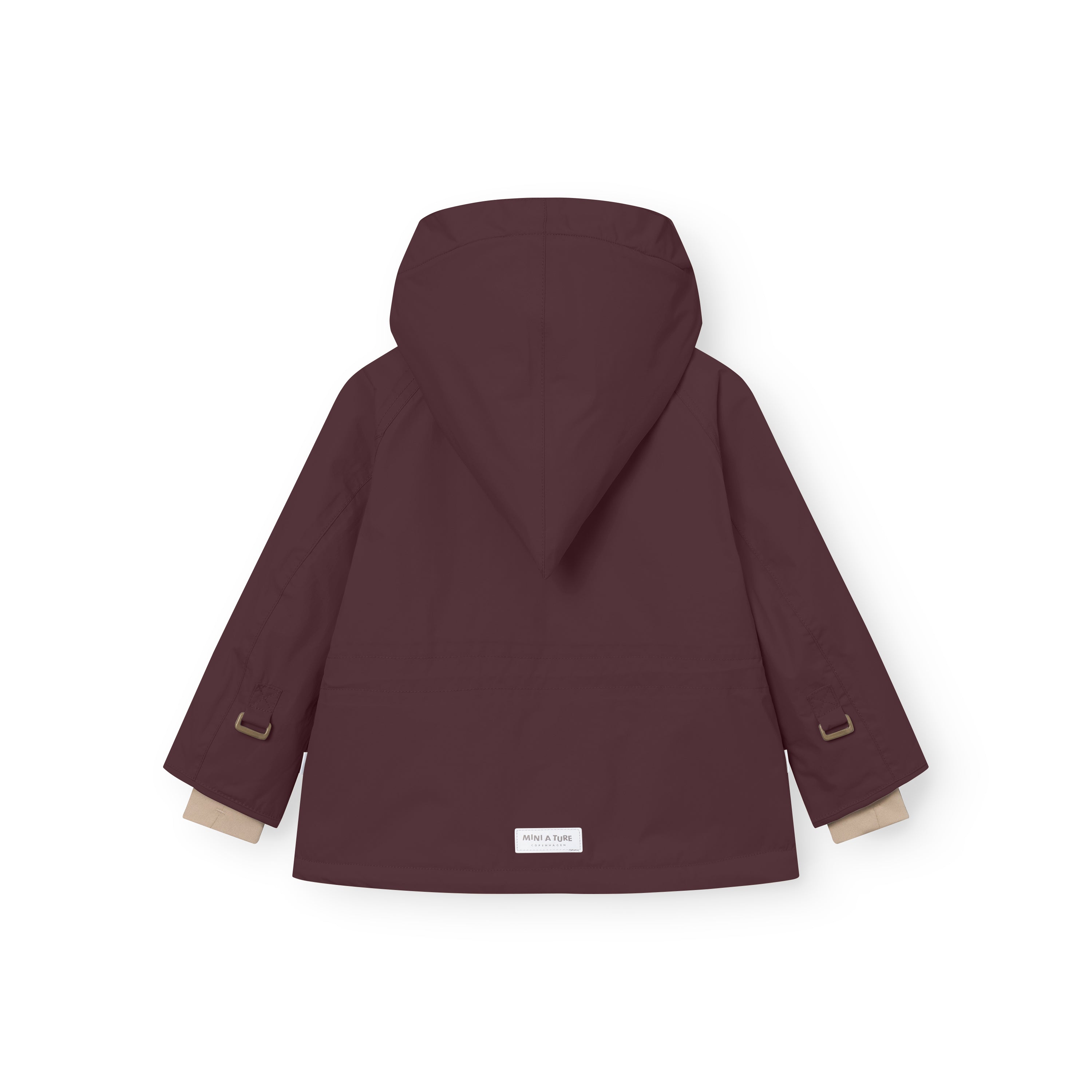 Rear view of the MATWANG fleece-lined winter jacket in deep burgundy showing the detachable pointed hood, beige fleece lining visible at both sleeve cuffs, bronze-toned metal D-ring fastenings on each sleeve, and a white MINI A TURE label sewn at the hem.