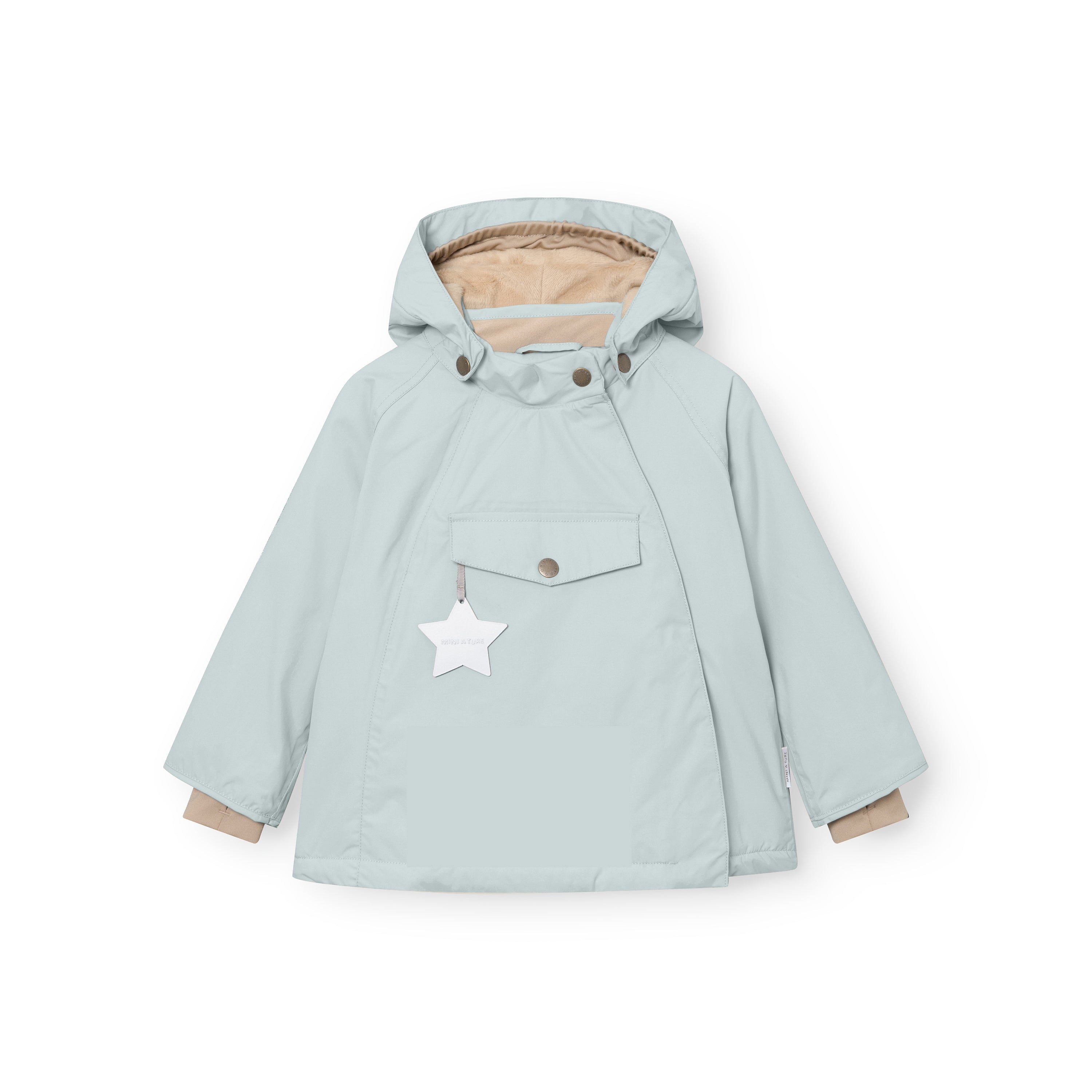 MATWANG fleece-lined winter jacket in pale blue with detachable pointed hood, showing the beige fleece lining visible at the hood interior and sleeve cuffs, alongside the white reflective star hanging from the chest pocket and bronze-toned press-stud fastenings.