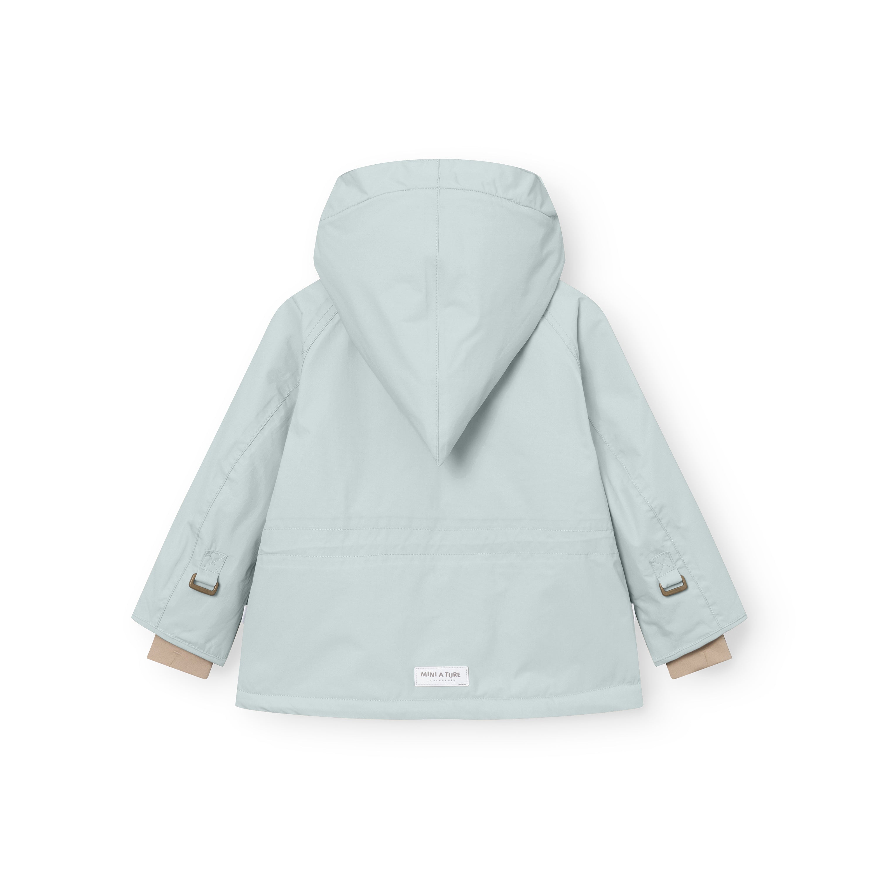 Rear view of the MATWANG fleece-lined winter jacket in pale blue showing the detachable pointed hood, beige fleece lining visible at the sleeve cuffs, bronze-toned metal hook fastenings on both sleeves, and white MINI A TURE label at the hem.