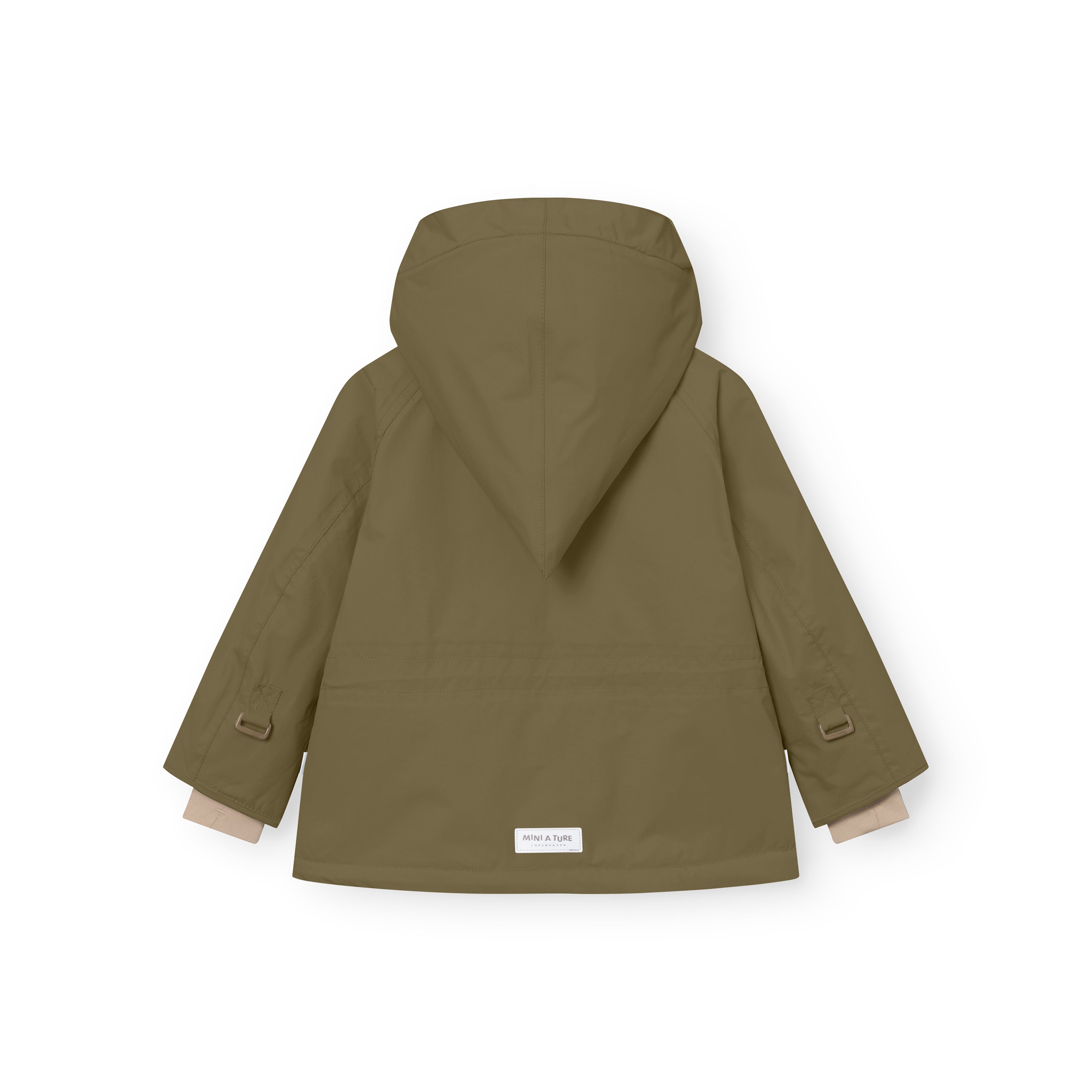 Rear view of the MATWANG fleece-lined winter jacket in olive green showing the detachable pointed hood, raglan sleeve construction, bronze D-ring fastenings at the cuffs, white MINI A TURE label at the hem, and beige fleece lining visible at the sleeve openings.