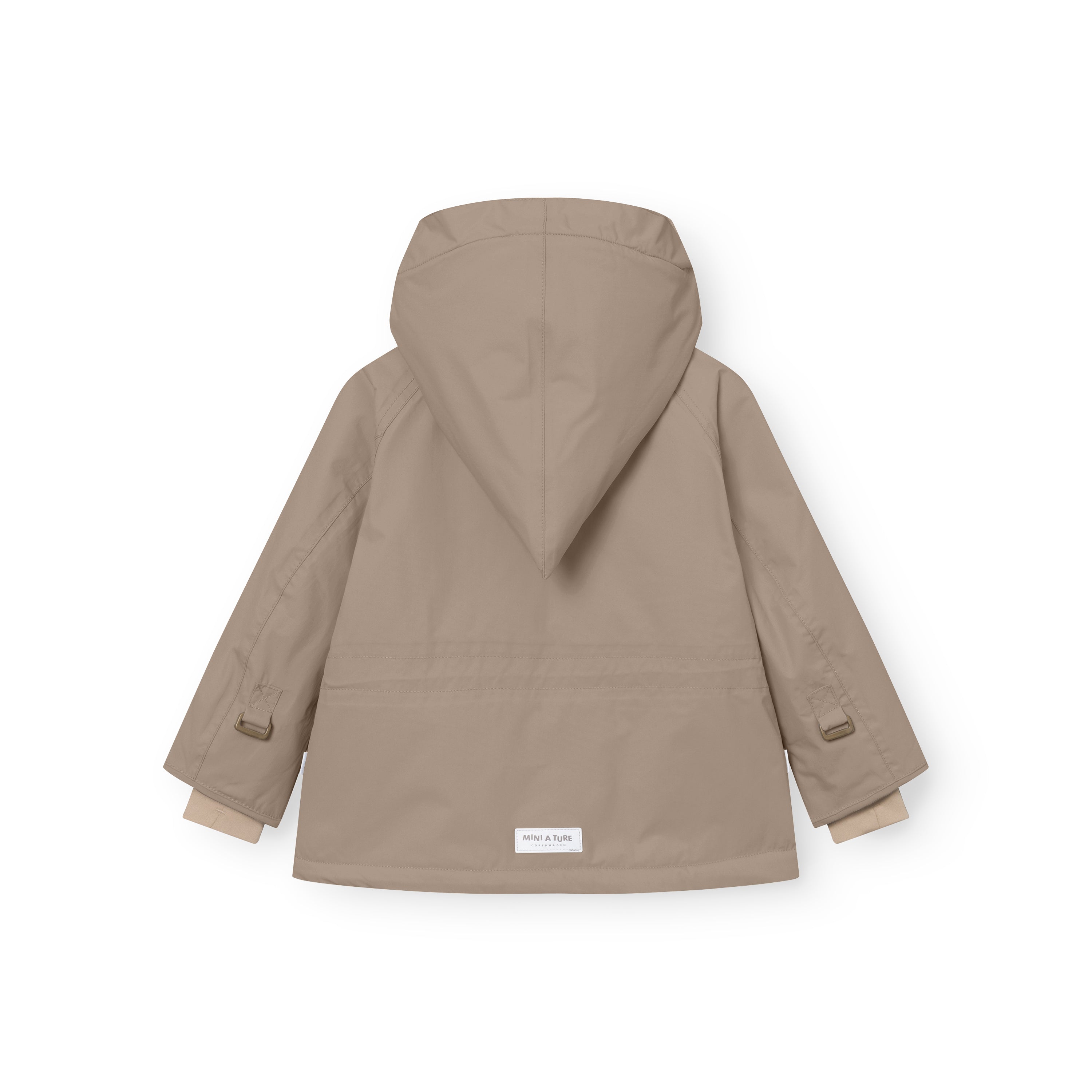 MATWANG fleece-lined winter jacket in beige with a pointed hood, shown from the back with visible taped seams and snow cuffs at the wrists.