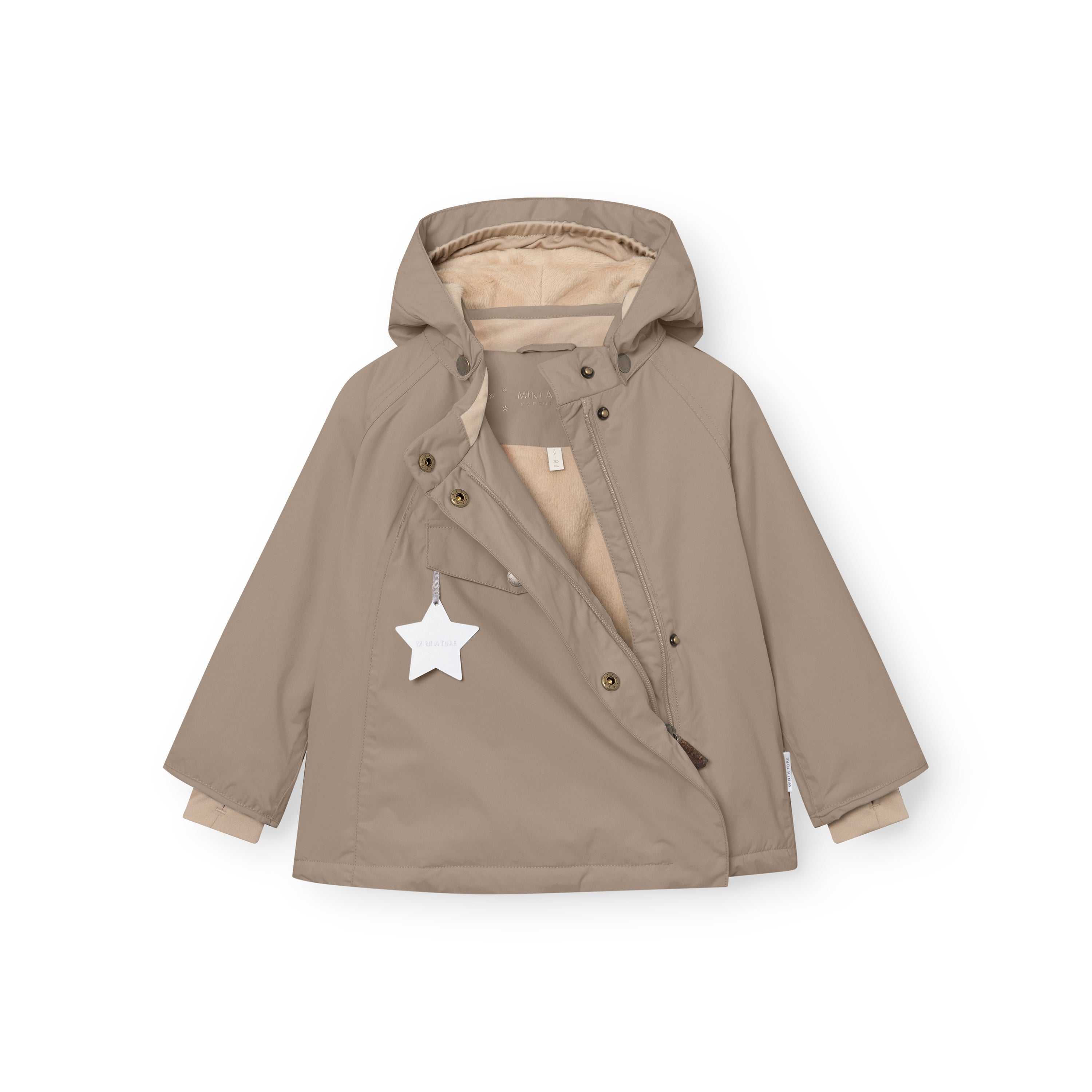 MATWANG fleece-lined winter jacket in neutral beige with detachable pointed hood, slanted front zip and reflective star detail on the chest pocket, shown flat against a white background.