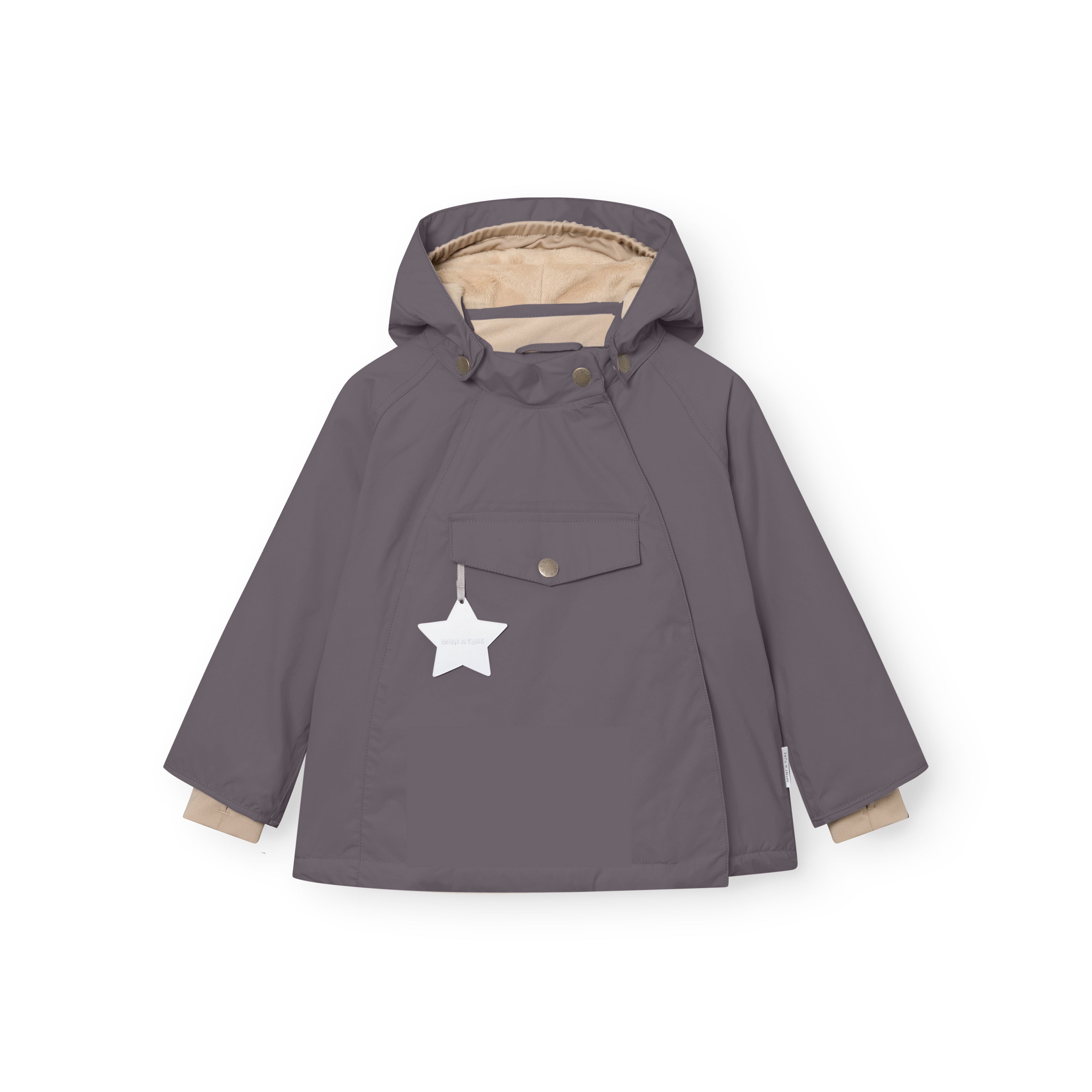 MATWANG fleece-lined winter jacket in grey with detachable pointed hood, beige fleece lining visible at the hood interior and cuffs, white reflective star hanging from the chest pocket, and bronze-toned press-stud fastenings on the hood and chest flap.