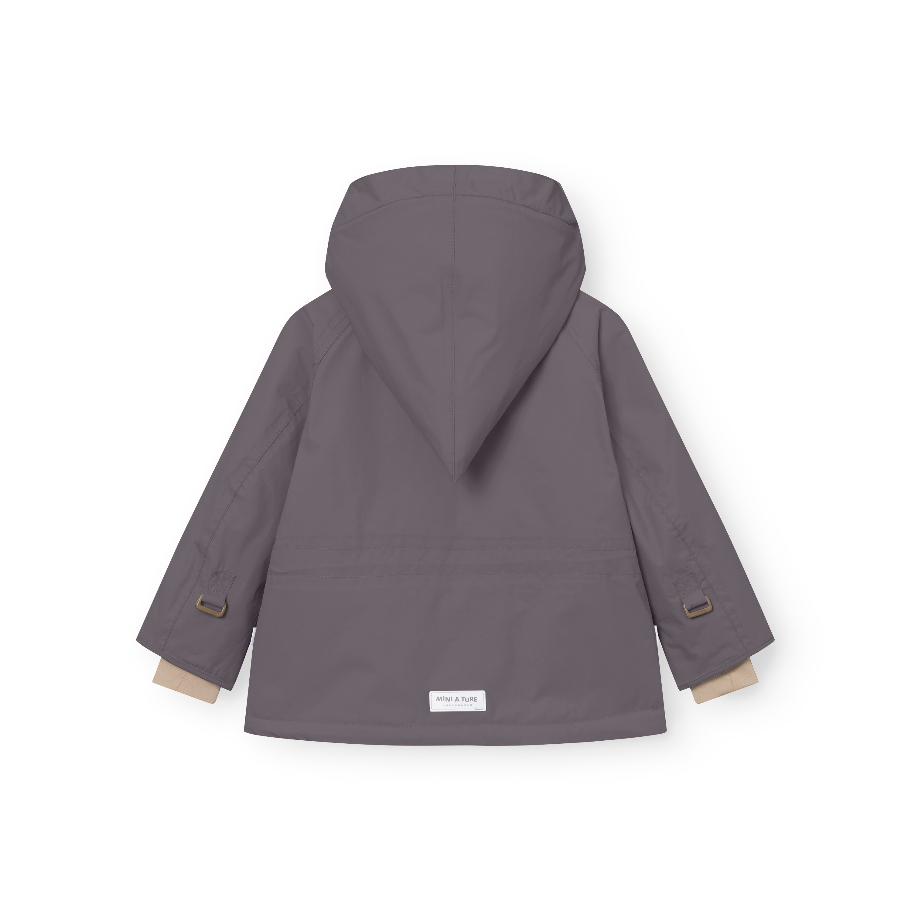 Rear view of the MATWANG fleece-lined winter jacket in grey showing the detachable pointed hood, beige fleece lining visible at the sleeve cuffs, bronze-toned metal hook fastenings on both sleeves, and white MINI A TURE label at the hem.