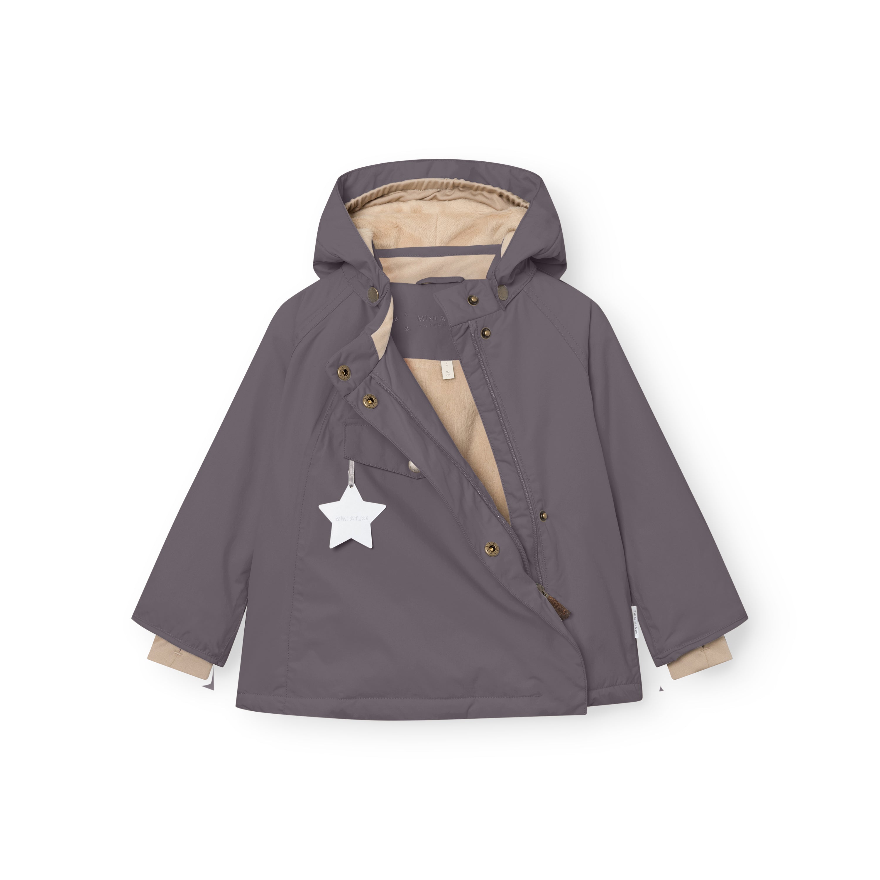 MATWANG fleece-lined winter jacket in grey laid flat with the hidden slanted front zip fully open, revealing the beige fleece lining throughout the interior, bronze-toned press-stud fastenings along the chest flap and hood, and a white reflective star hanging from the front pocket.