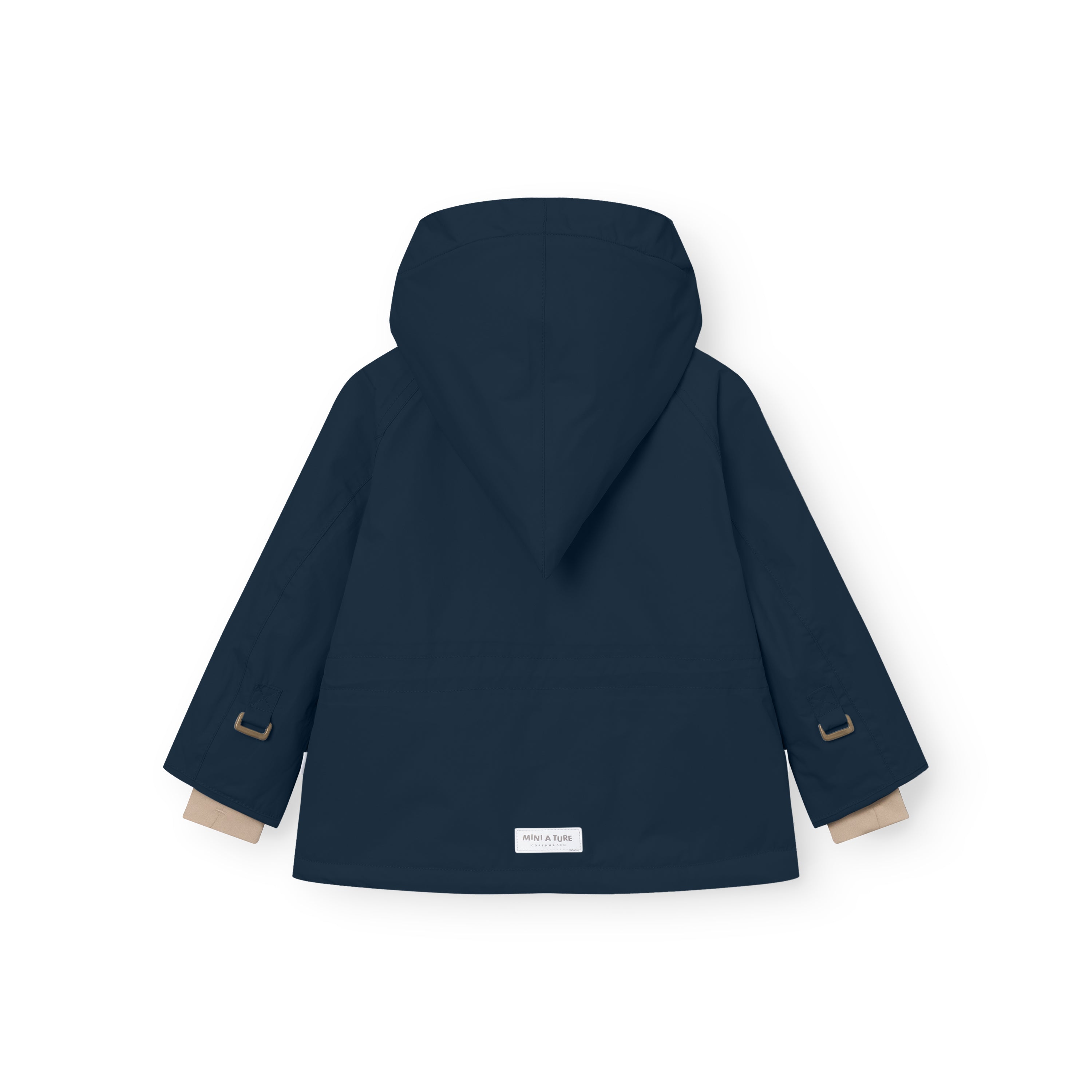 MATWANG fleece-lined winter jacket in dark blue, shown from the back with a detachable hood, snow cuffs with thumb openings, and a MINI A TURE label at the hem.