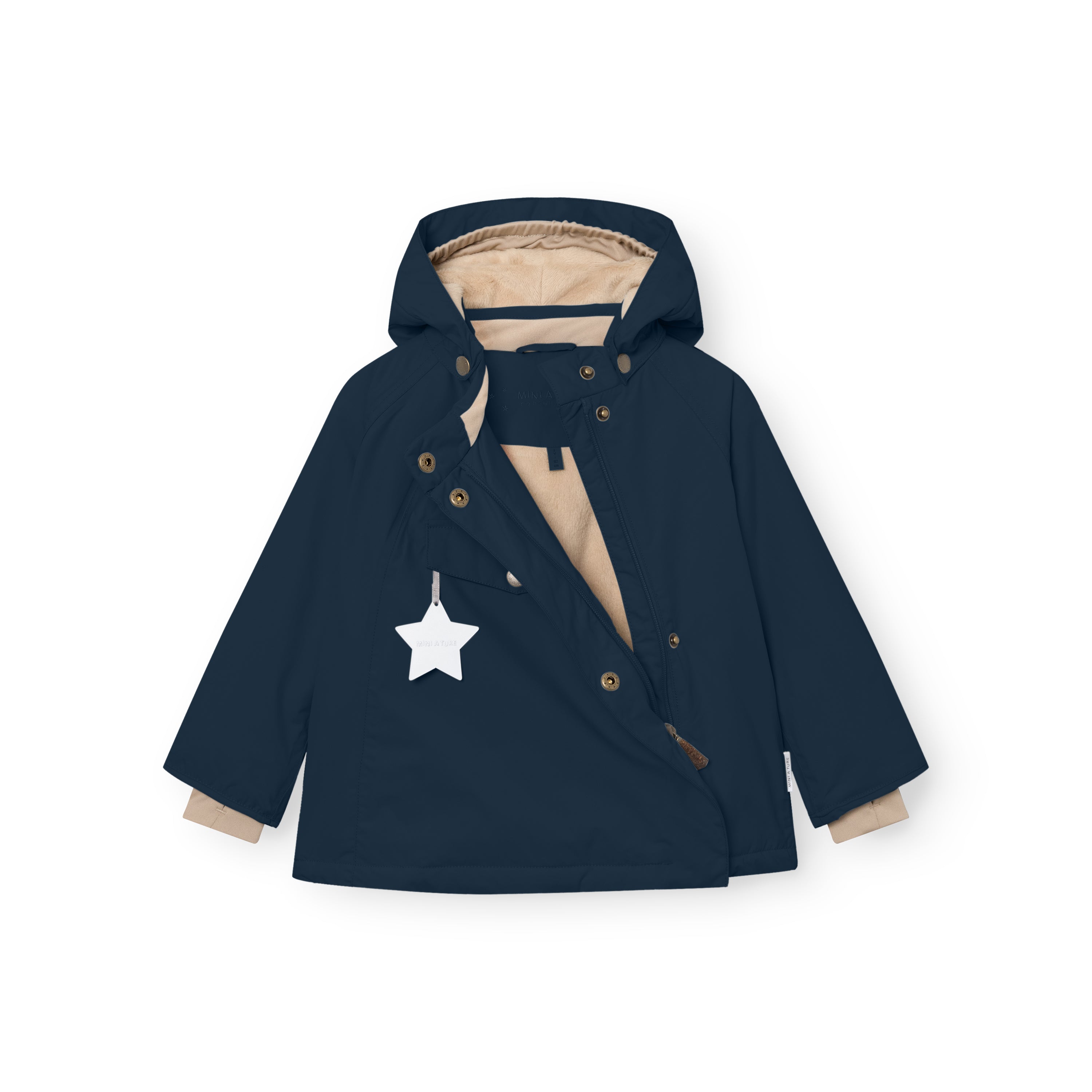 MATWANG fleece-lined winter jacket in navy blue with a beige fleece lining, featuring a pointed hood with press-stud fastening, slanted front zip closure, and a white reflective star detail on the chest pocket.