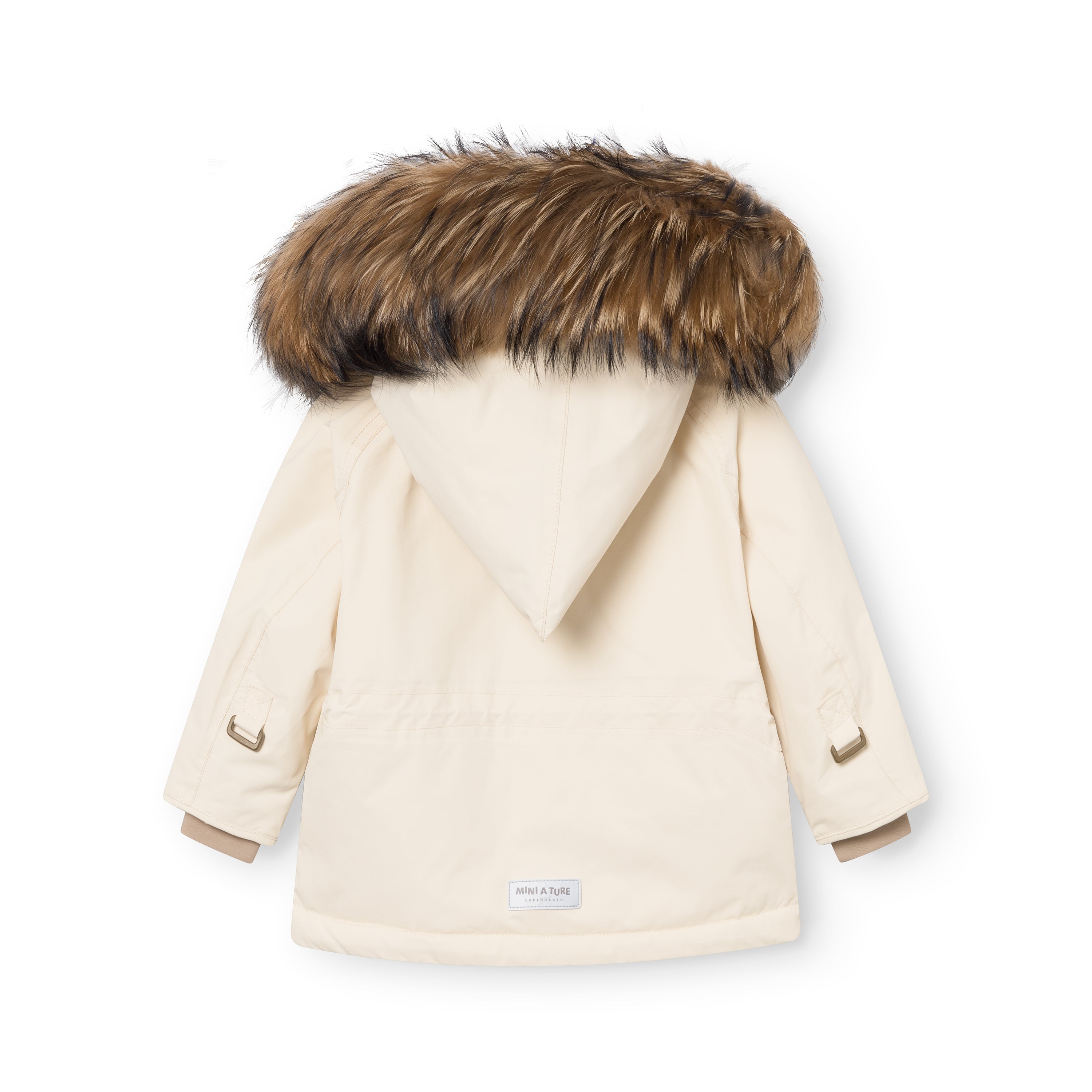 Back view of the MATWANG fleece lined winter jacket in cream showing the detachable real fur hood, waterproof recycled nylon shell, beige fleece lining visible at the cuffs, and MINI A TURE label at the hem.