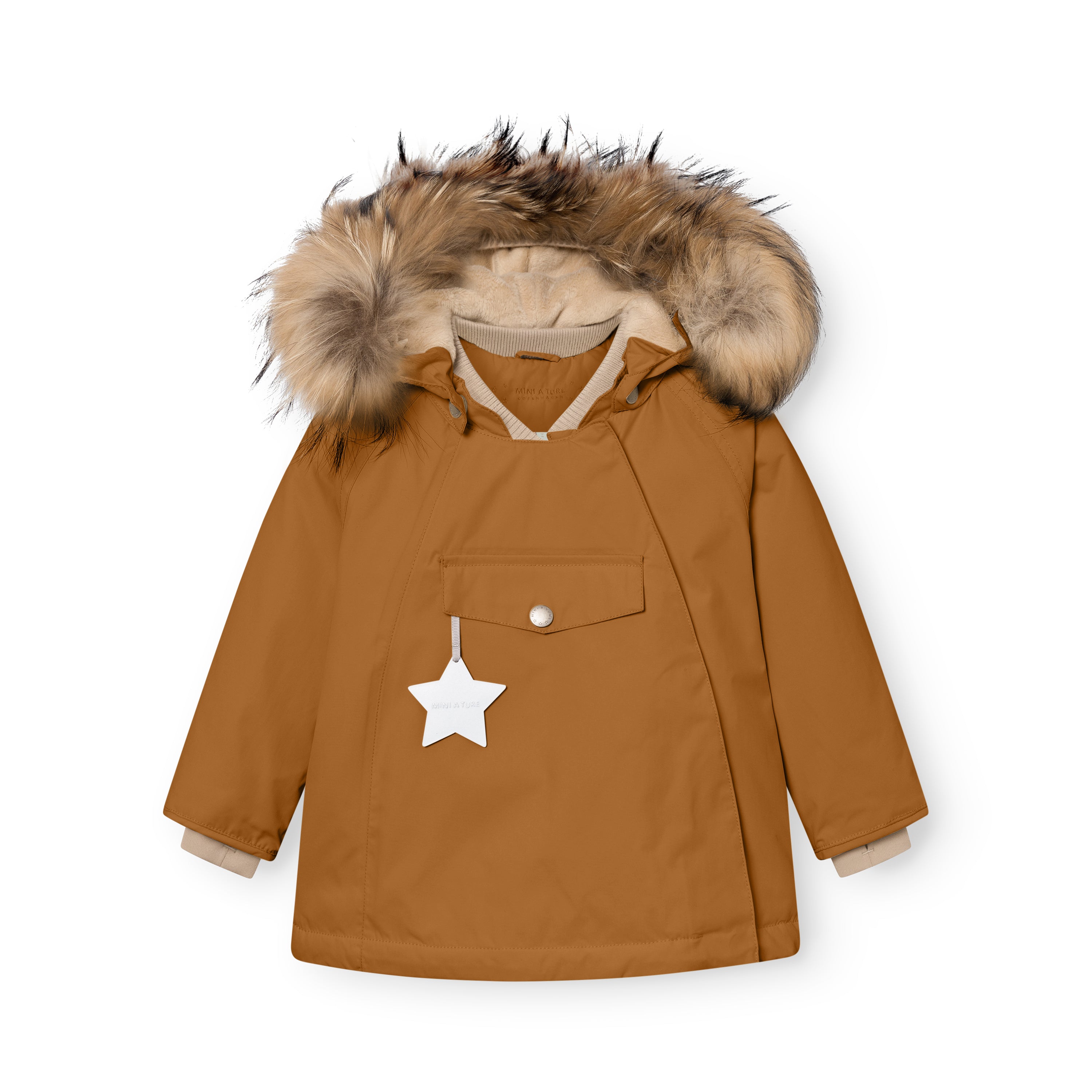 MATWANG fleece lined winter jacket in caramel brown with a detachable real fur hood trim, showing the hidden slanted zip concealed beneath a press-stud placket, ribbed collar, reflective star zip pull on the chest pocket, and beige fleece lining visible at the cuffs and neckline.
