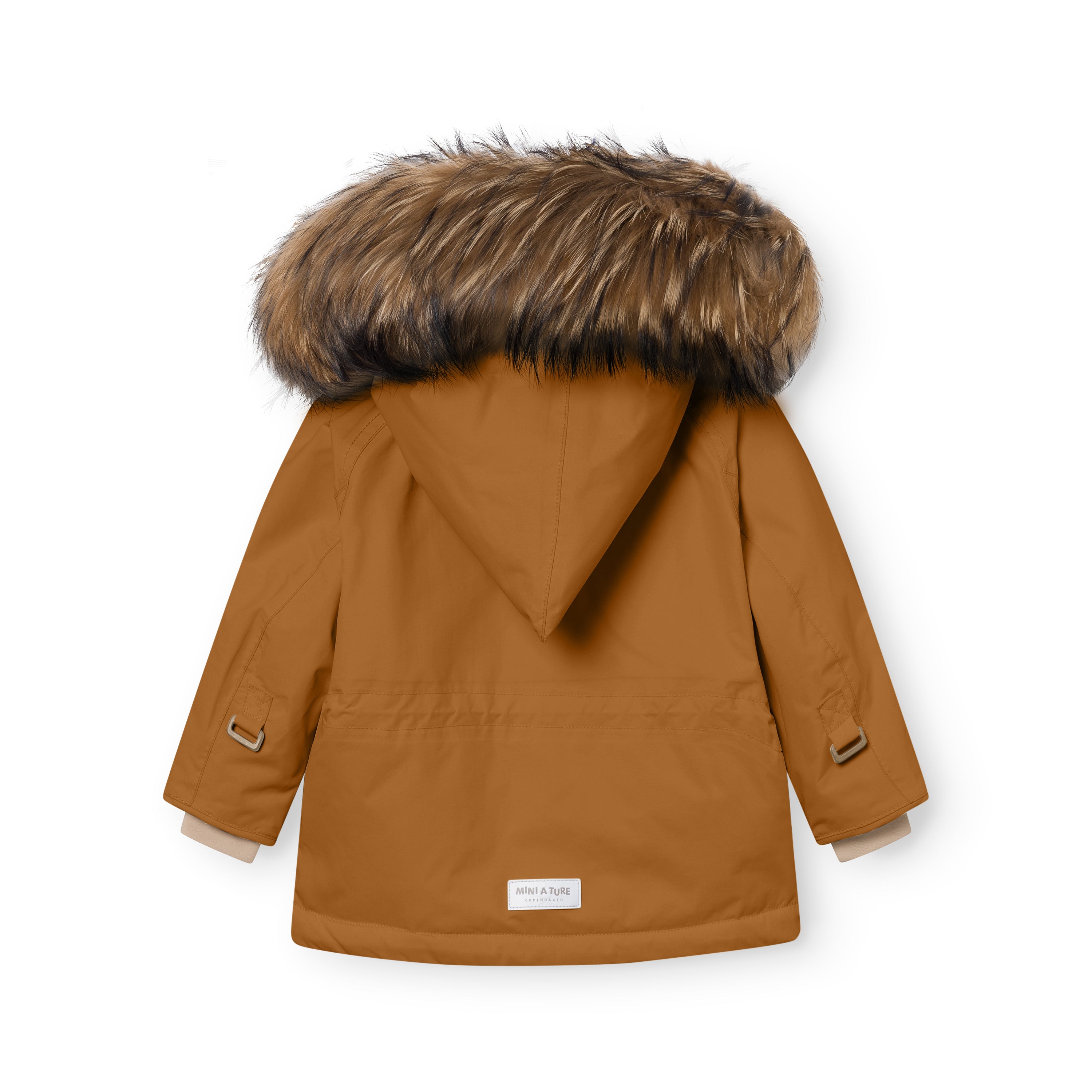 Back view of the MATWANG fleece lined winter jacket in caramel brown showing the detachable real fur hood, waterproof recycled nylon shell, improved sleeve fit with snow cuffs, and MINI A TURE label at the hem.