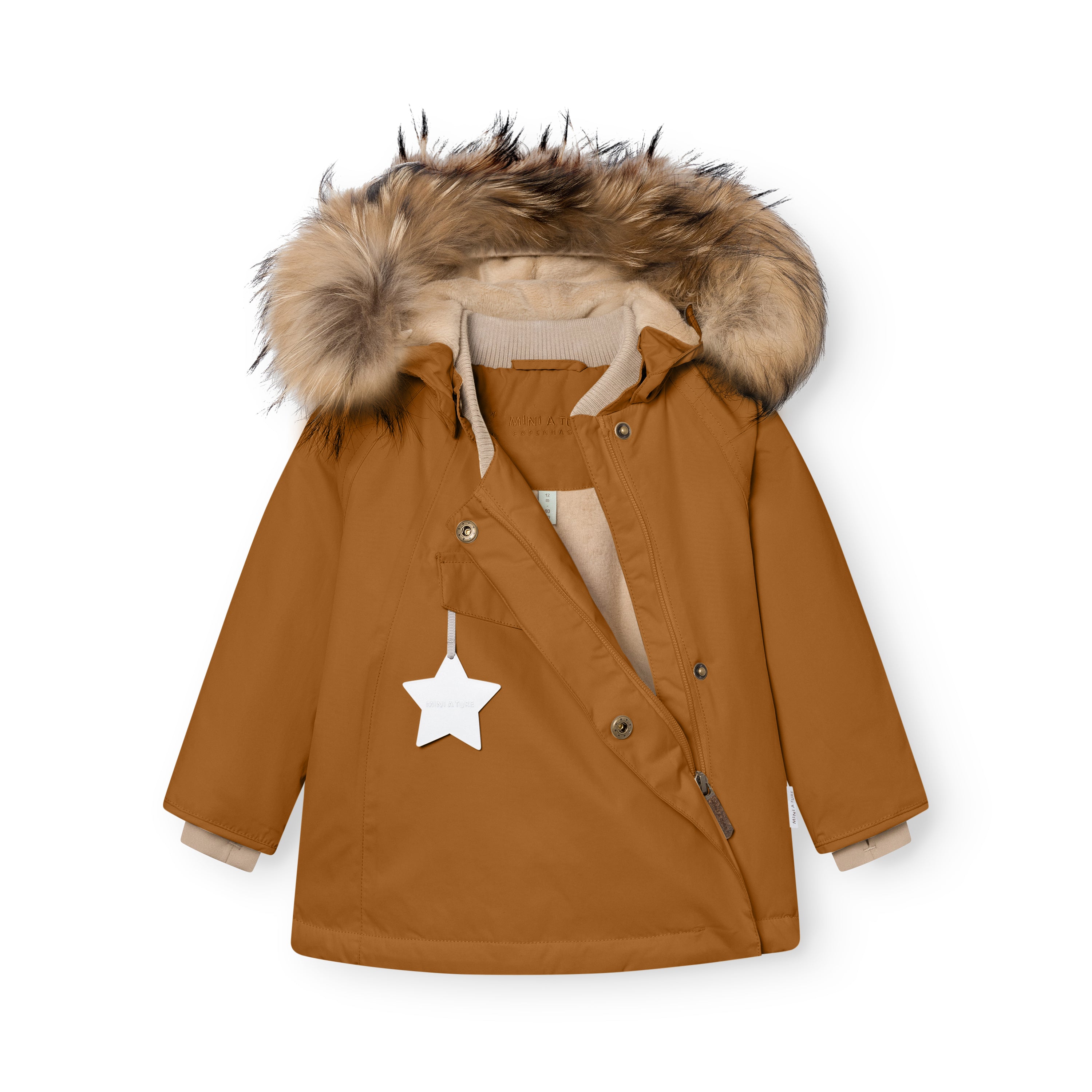 MATWANG fleece lined winter jacket in caramel brown laid flat with the hood open to display the detachable real fur trim, press-stud placket partially unfastened to reveal the beige fleece lining and ribbed collar, reflective star zip pull on the chest pocket, and snow cuffs visible at the wrists.