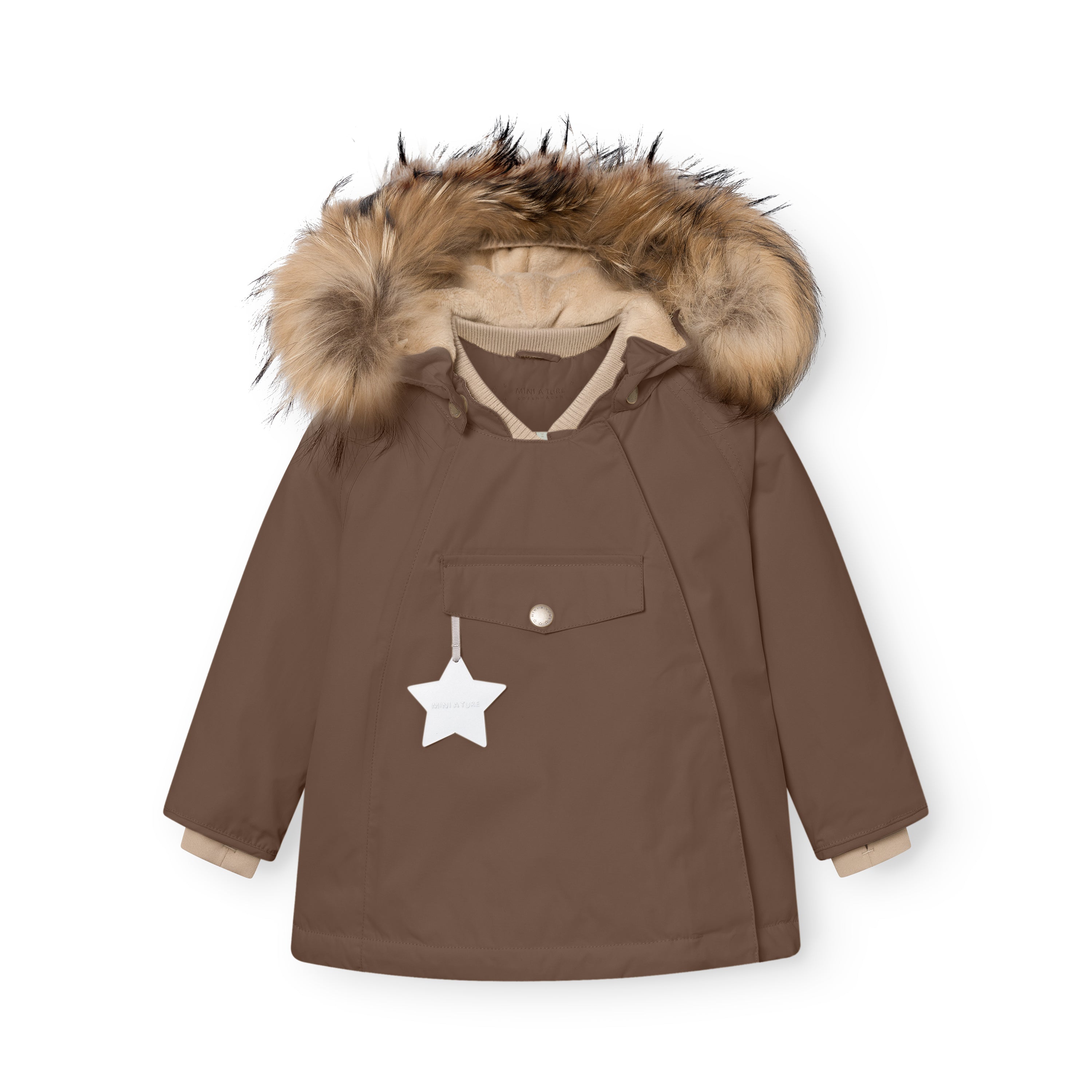 MATWANG fleece lined winter jacket in brown with a detachable real fur hood, beige ribbed collar at the neckline, white reflective star zip pull on the chest pocket, press-stud placket concealing the hidden slanted zip, and beige fleece lining visible at the cuffs.