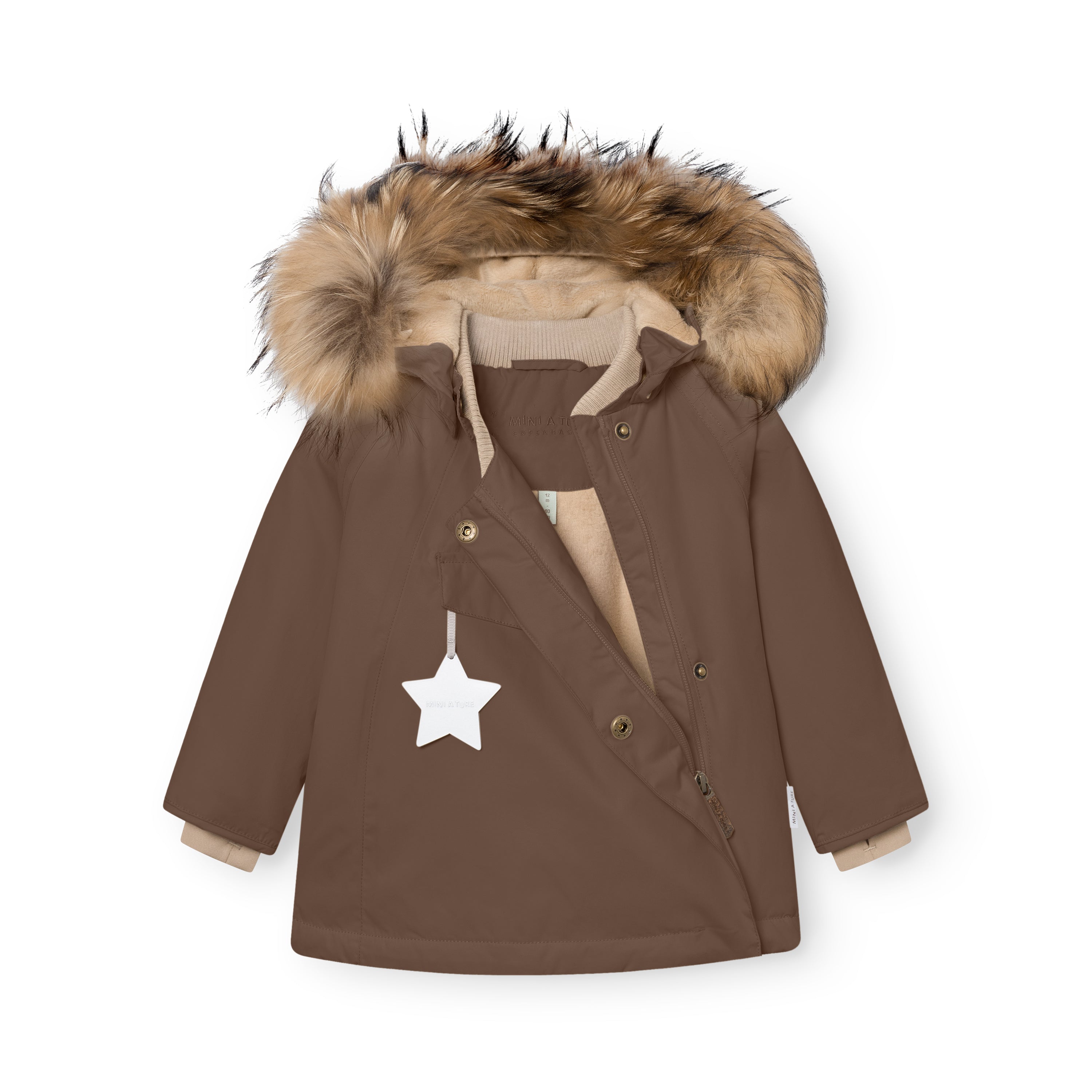 MATWANG fleece lined winter jacket in brown with the press-stud placket open to reveal the hidden slanted zip and beige fleece lining, detachable real fur hood trim, beige ribbed collar, white reflective star zip pull on the chest pocket, and beige fleece lining showing at the cuffs.