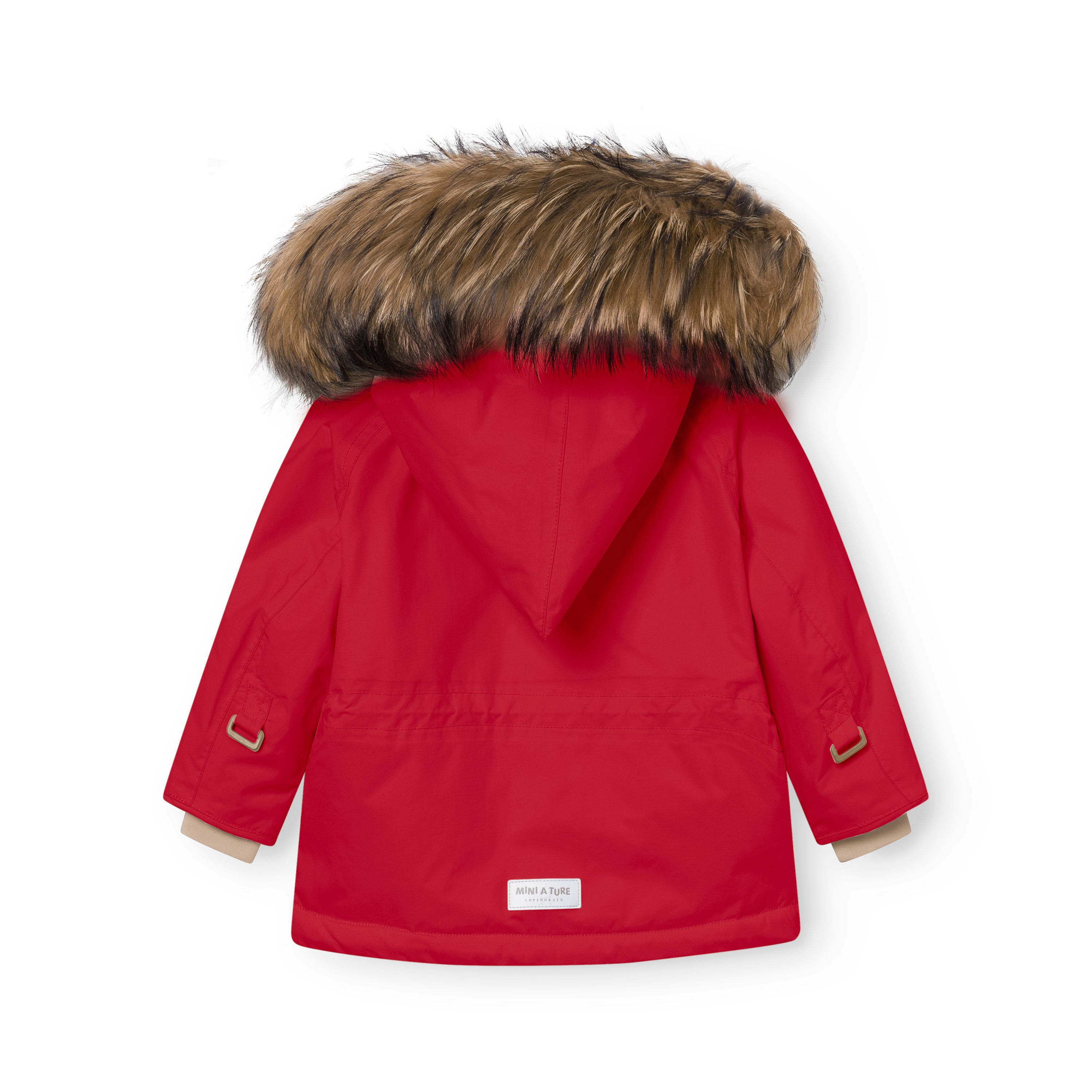 Back view of the MATWANG fleece lined winter jacket in red showing the detachable real fur hood, waterproof recycled nylon shell, beige fleece lining visible at the cuffs, and MINI A TURE label at the hem.