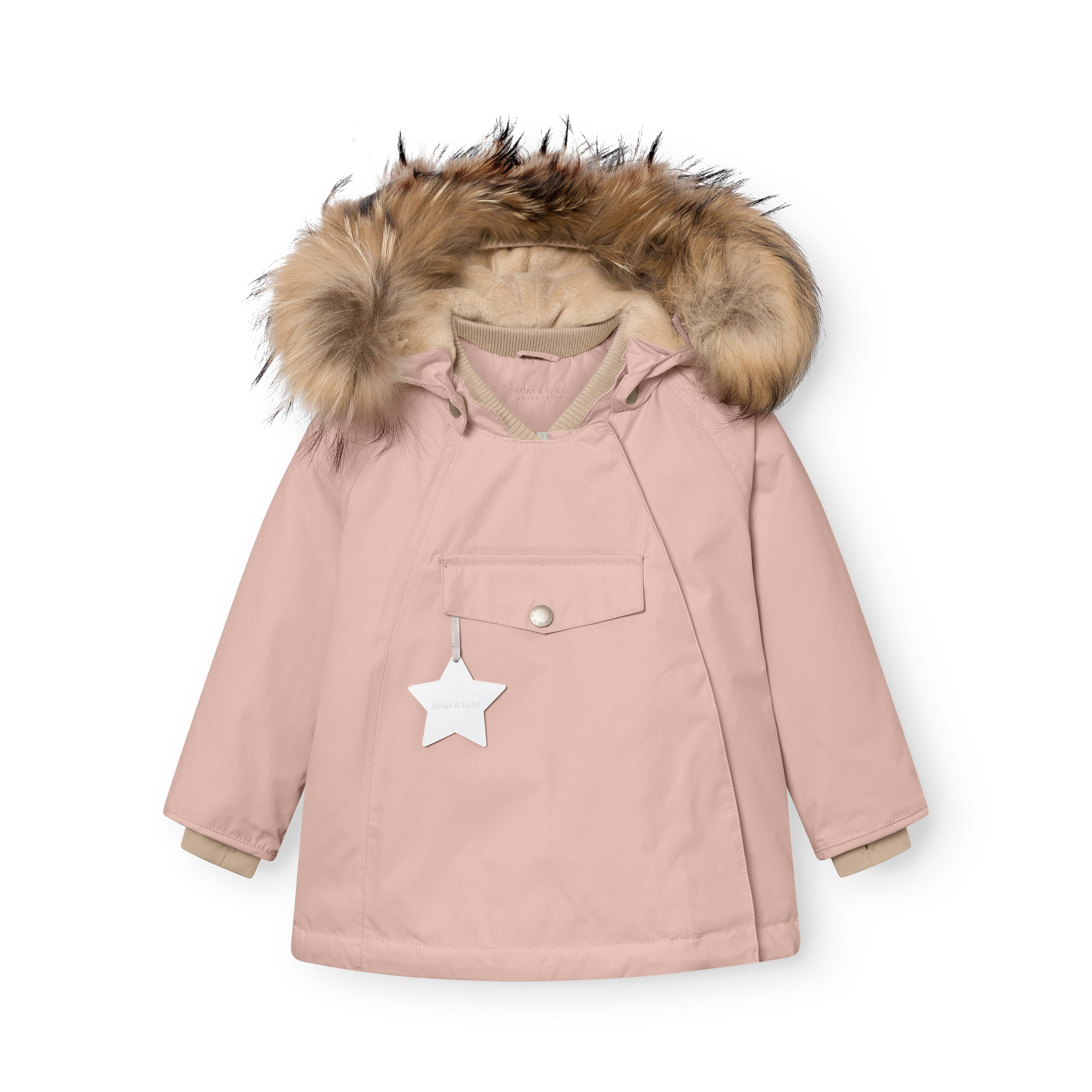 MATWANG fleece lined winter jacket in dusty pink with a detachable real fur hood trim, showing the hidden slanted front zip concealed by a press-stud placket, ribbed collar, reflective star detail on the chest pocket, and beige fleece lining visible at the cuffs.