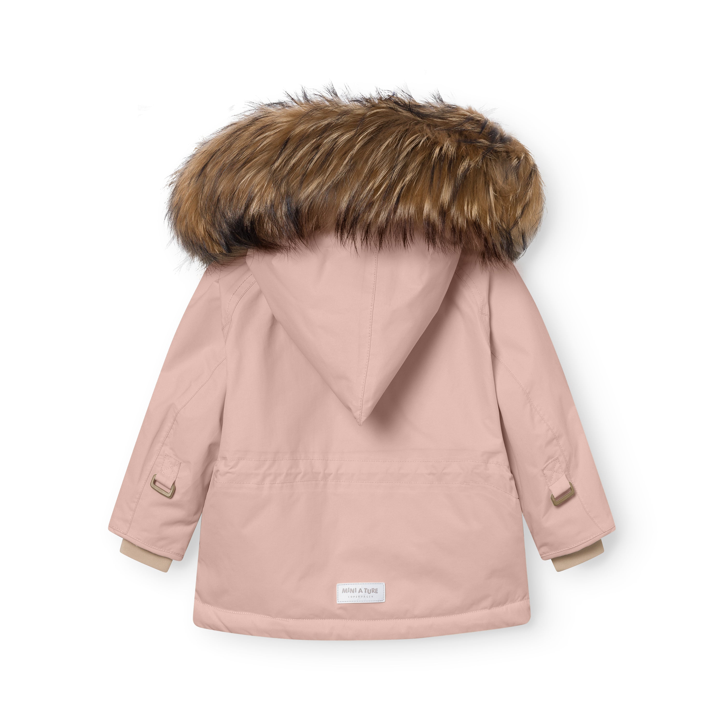 Back view of the MATWANG fleece lined winter jacket in dusty pink showing the detachable real fur hood trim, waterproof recycled nylon shell, improved sleeve fit with snow cuffs, and MINI A TURE label at the hem.