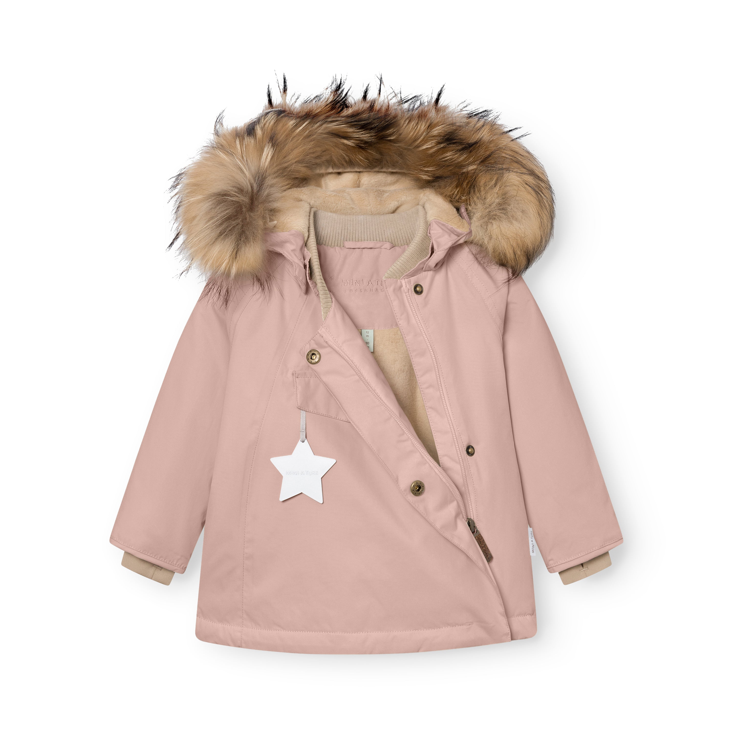 MATWANG fleece lined winter jacket in dusty pink laid flat with the detachable real fur hood displayed above, showing the hidden slanted zip partially open to reveal the beige fleece lining, ribbed collar, reflective star detail on the chest pocket, and snow cuffs at the wrists.