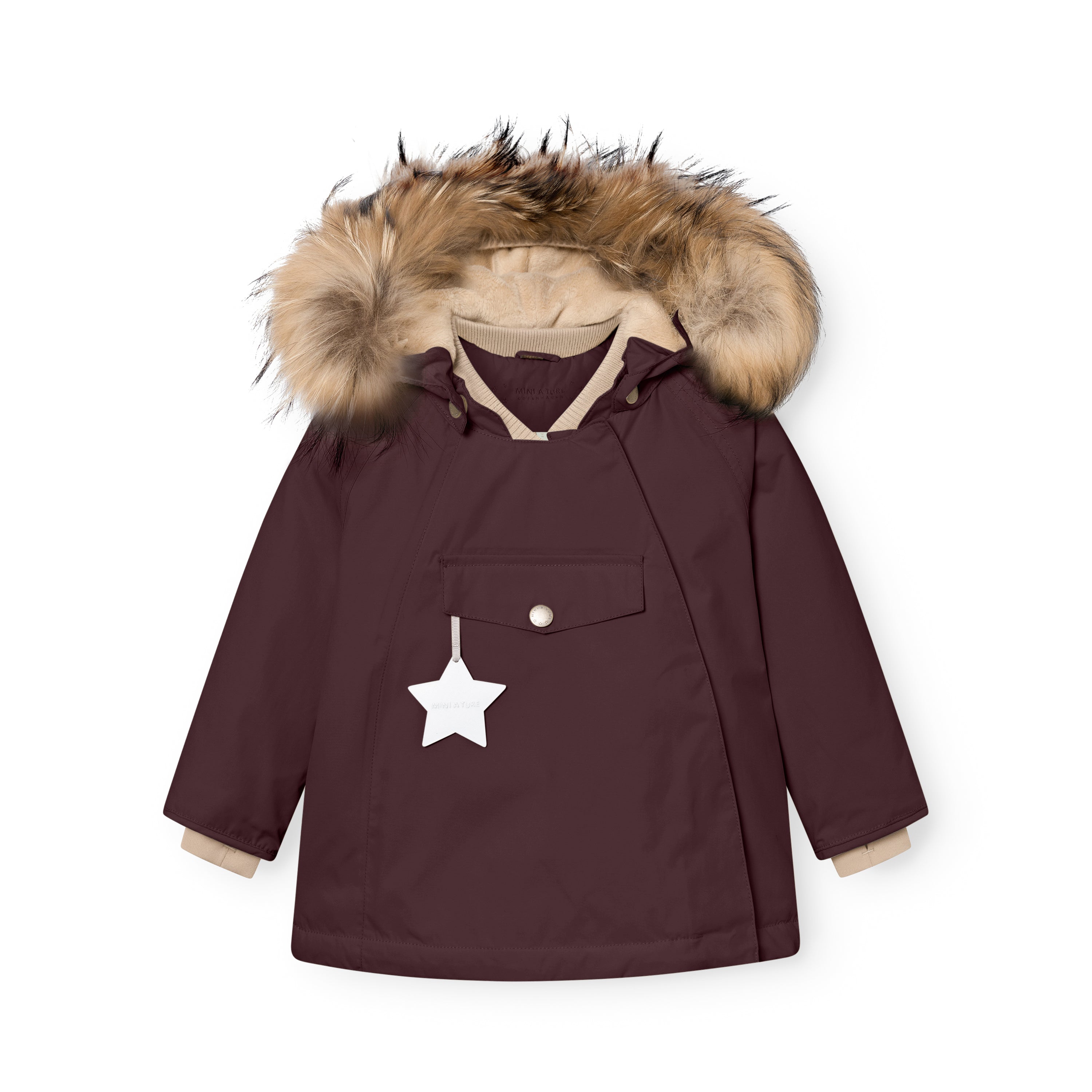 MATWANG fleece lined winter jacket in deep burgundy with a detachable real fur hood trim, beige ribbed collar visible beneath the hood, white reflective star zip pull on the chest pocket, press-stud placket concealing the hidden slanted zip, and beige fleece lining showing at the cuffs.