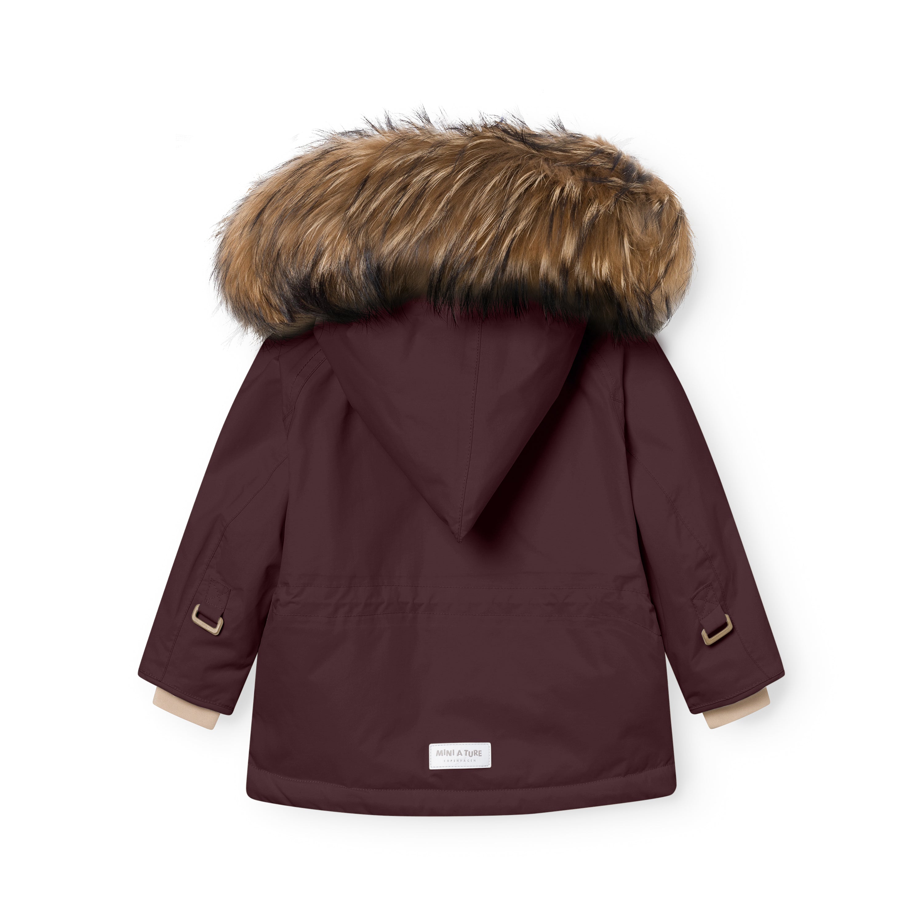 Rear view of the MATWANG fleece lined winter jacket in deep burgundy displaying the detachable real fur hood trim, waterproof recycled nylon shell, beige fleece lining at the cuffs, and MINI A TURE label at the hem.