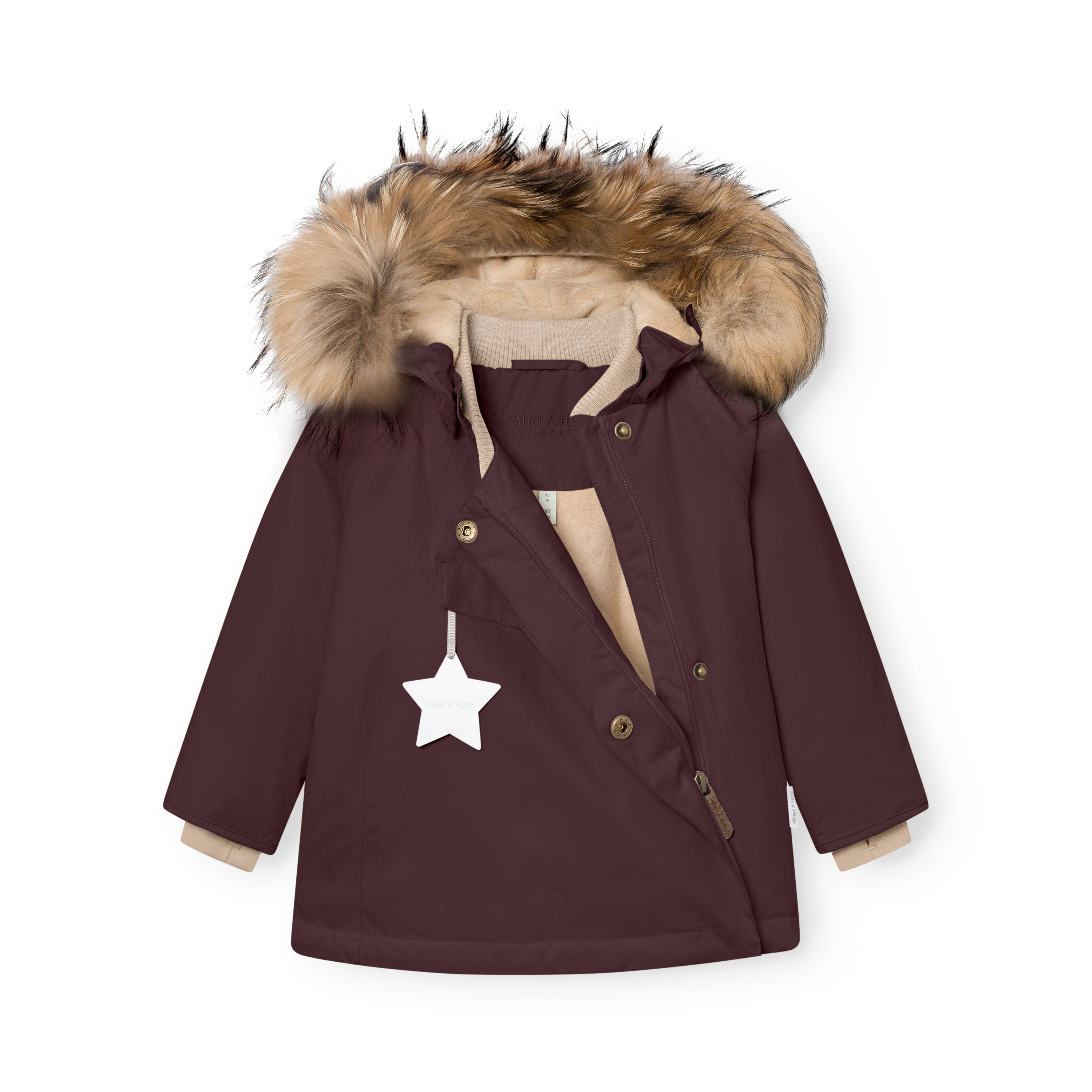 MATWANG fleece lined winter jacket in dark plum with the press-stud placket unfastened to reveal the hidden slanted zip and beige fleece lining, detachable real fur hood trim, beige ribbed collar visible at the neck, white reflective star zip pull on the chest pocket, and beige fleece cuff lining showing at the sleeves.