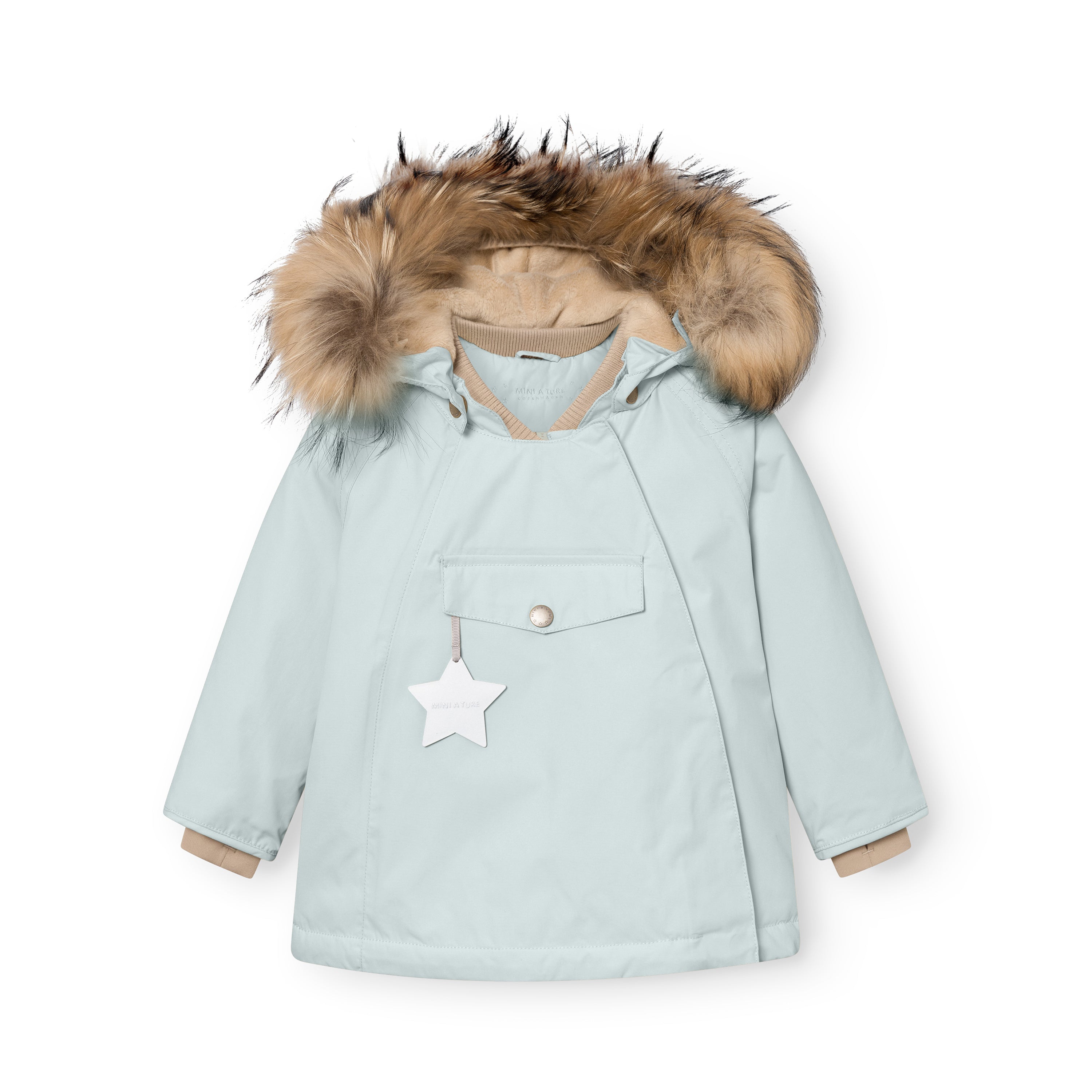 MATWANG fleece lined winter jacket in pale blue with a detachable real fur hood trim, beige ribbed collar, white reflective star zip pull on the chest pocket, press-stud placket concealing the hidden slanted zip, and beige fleece lining visible at the cuffs.