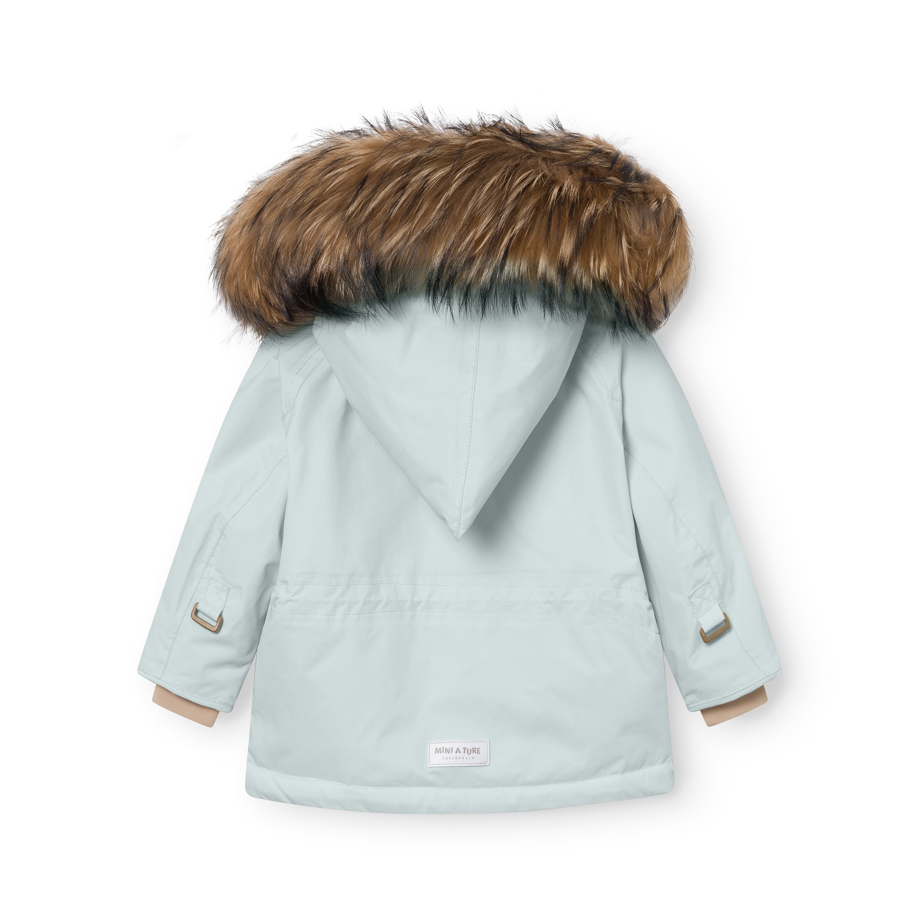 Back view of the MATWANG fleece lined winter jacket in pale blue showing the detachable real fur hood, waterproof recycled nylon shell, beige fleece lining visible at the cuffs, and MINI A TURE label at the hem.
