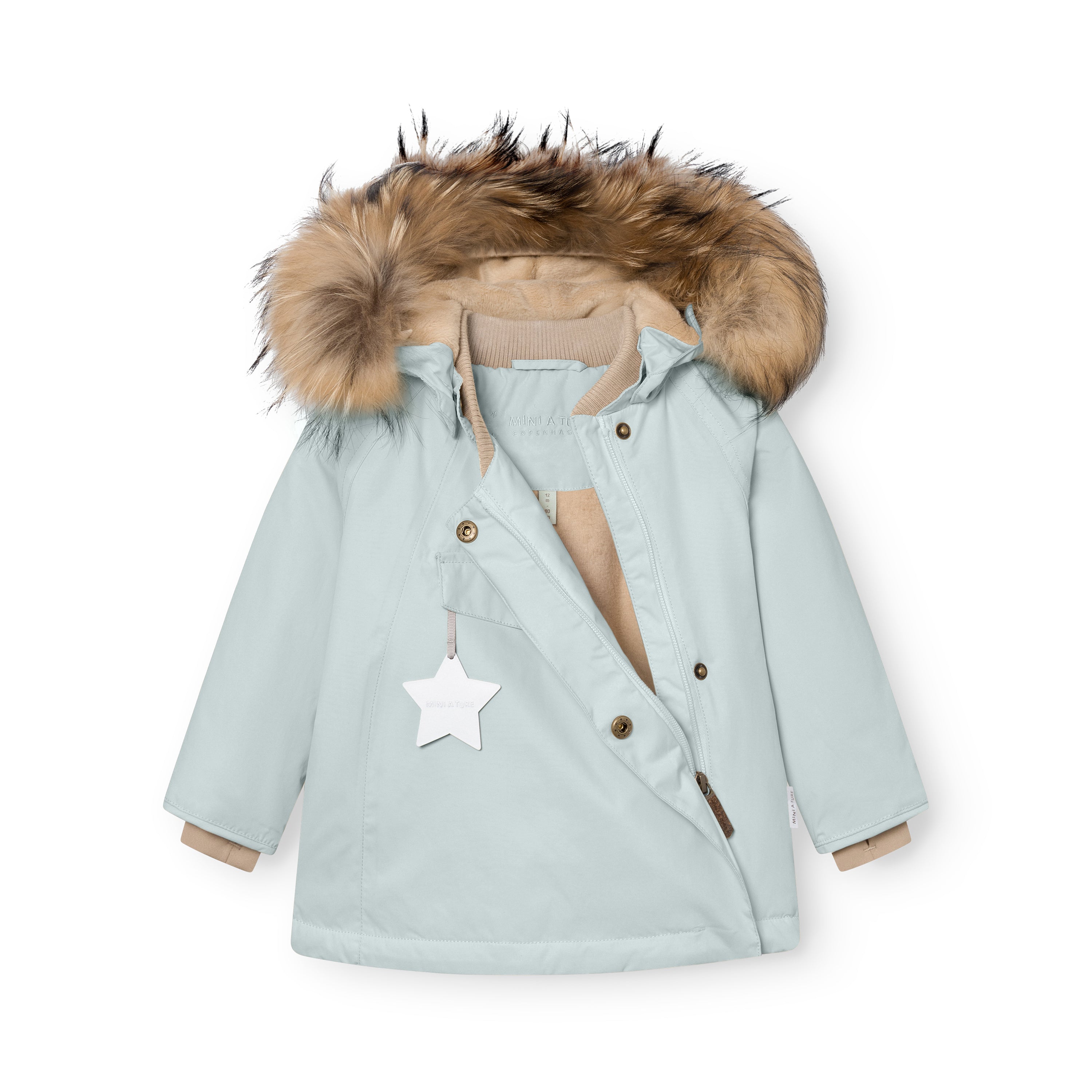 MATWANG fleece lined winter jacket in pale blue with the hood folded back to show the detachable real fur trim and beige ribbed collar, press-stud placket open to reveal the hidden slanted zip and beige fleece lining, white reflective star zip pull on the chest pocket, and beige fleece visible at the cuffs.
