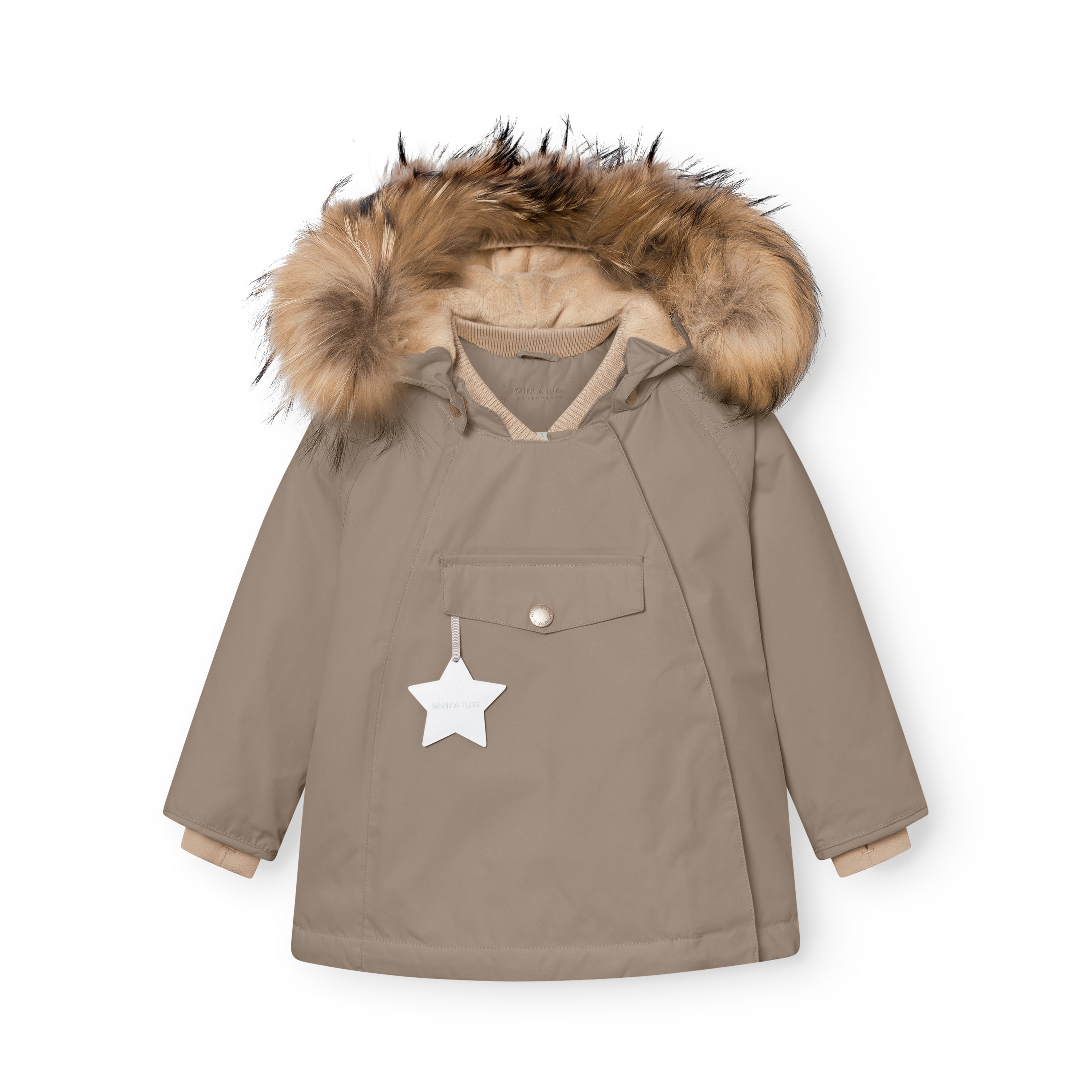 MATWANG fleece lined winter jacket in taupe with a detachable real fur hood, beige ribbed collar visible at the neckline, white reflective star zip pull on the chest pocket, press-stud placket covering the hidden slanted zip, and beige fleece lining showing at the cuffs.