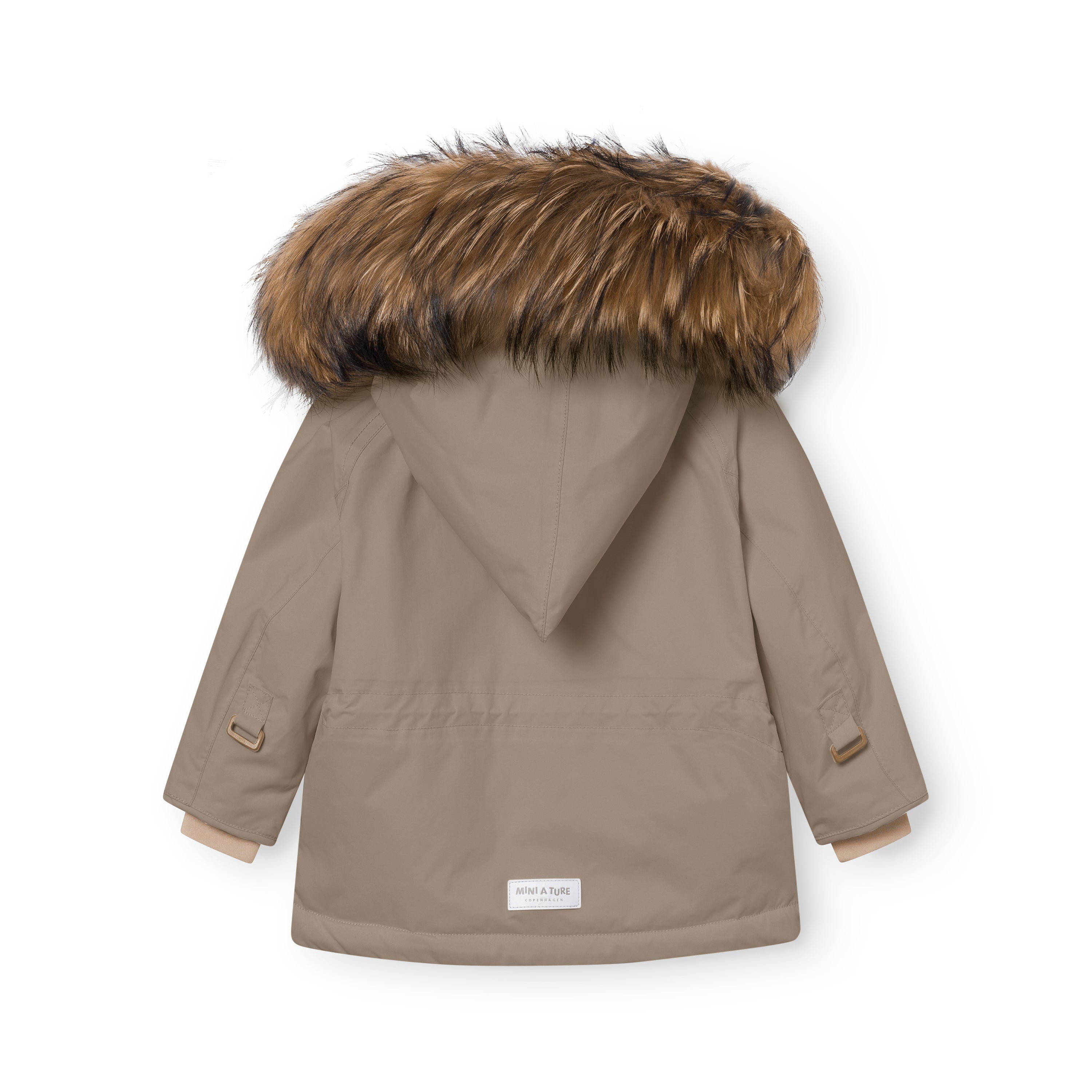 Rear view of the MATWANG fleece lined winter jacket in taupe displaying the detachable real fur hood, waterproof recycled nylon shell, beige fleece lining at the cuffs, and MINI A TURE label at the hem.