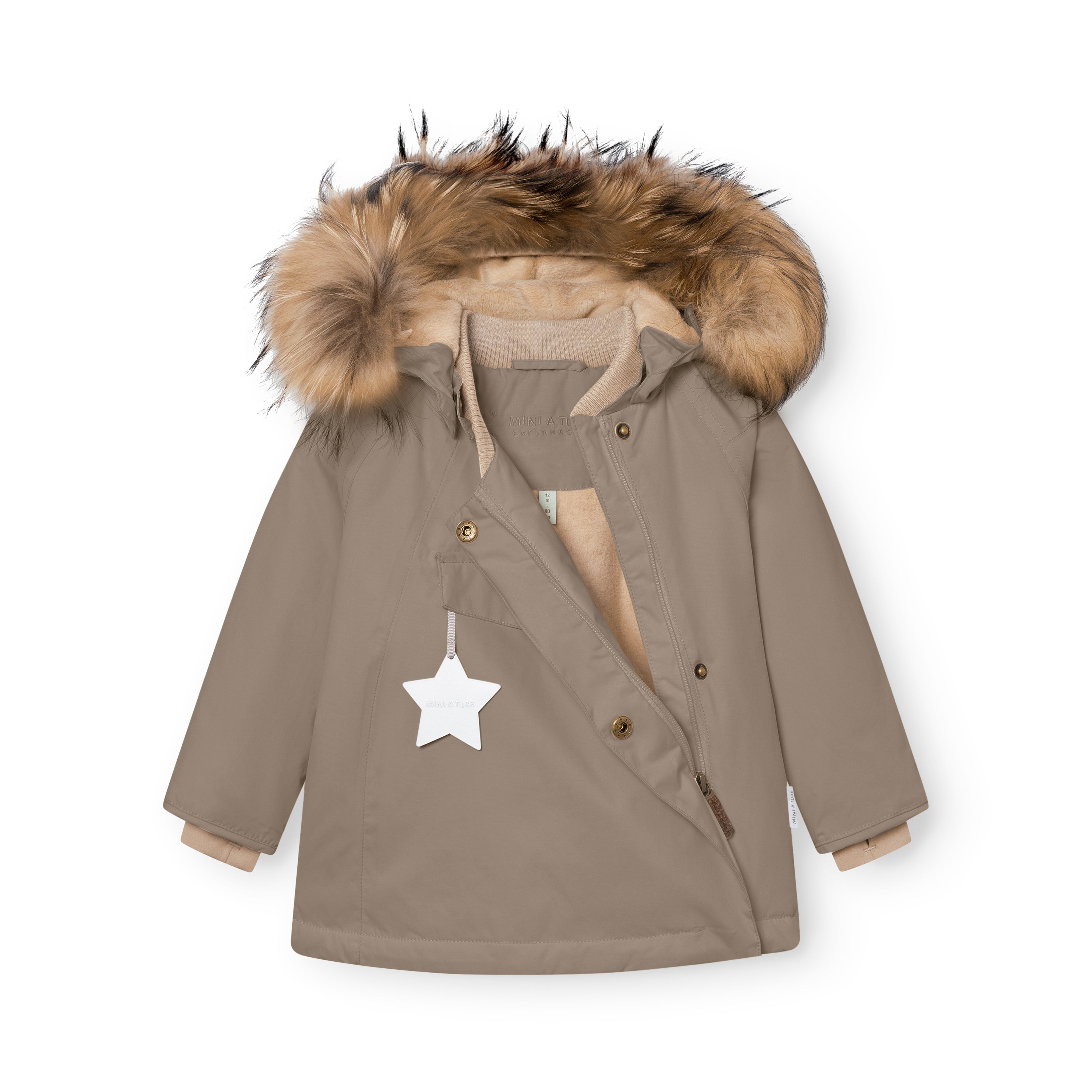 MATWANG fleece lined winter jacket in taupe with the hidden slanted zip partially open, detachable real fur hood trim, beige ribbed collar visible at the neckline, white reflective star zip pull on the chest pocket, press-stud placket, and beige fleece lining showing at the cuffs.