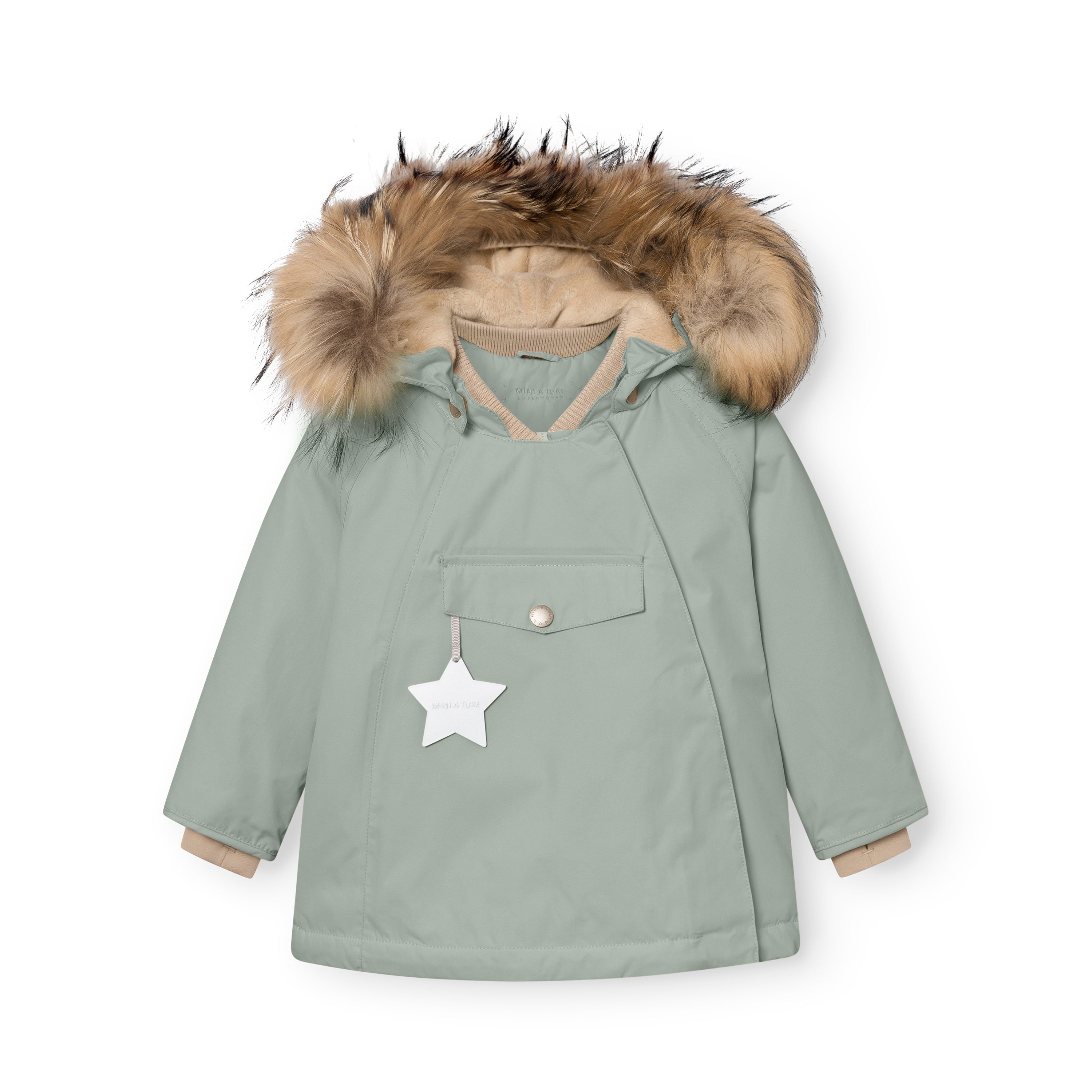 MATWANG fleece lined winter jacket in sage green with a detachable real fur hood trim, showing the waterproof recycled nylon shell, hidden slanted zip, ribbed collar, reflective star detail on the chest pocket, and beige fleece lining visible at the cuffs and neckline.