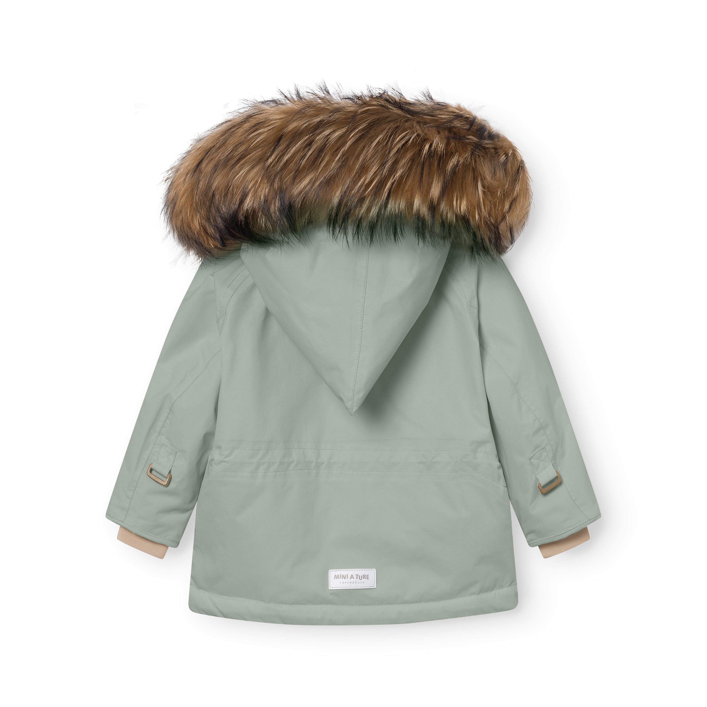 Back view of the MATWANG fleece lined winter jacket in sage green displaying the detachable real fur hood trim, waterproof recycled nylon shell, improved sleeve fit, and MINI A TURE label at the hem.