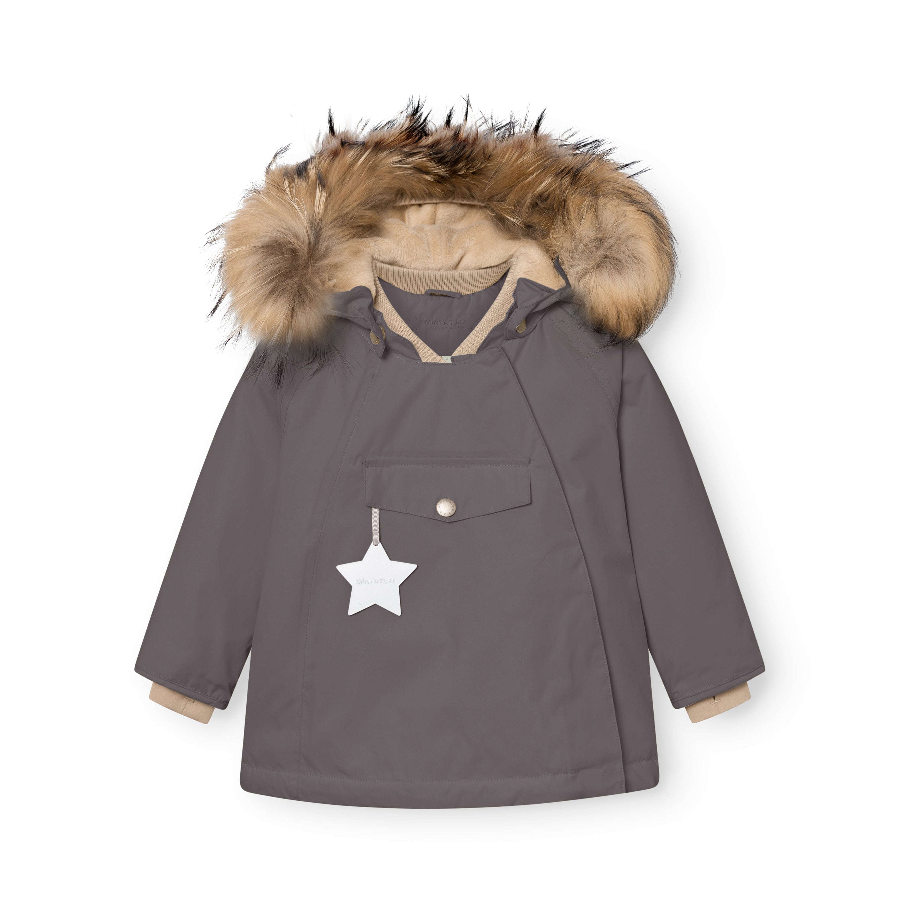 MATWANG fleece lined winter jacket in dark grey with a detachable real fur hood trim, showing the waterproof recycled nylon shell, hidden slanted zip closure, chest pocket with reflective star detail, and ribbed collar.