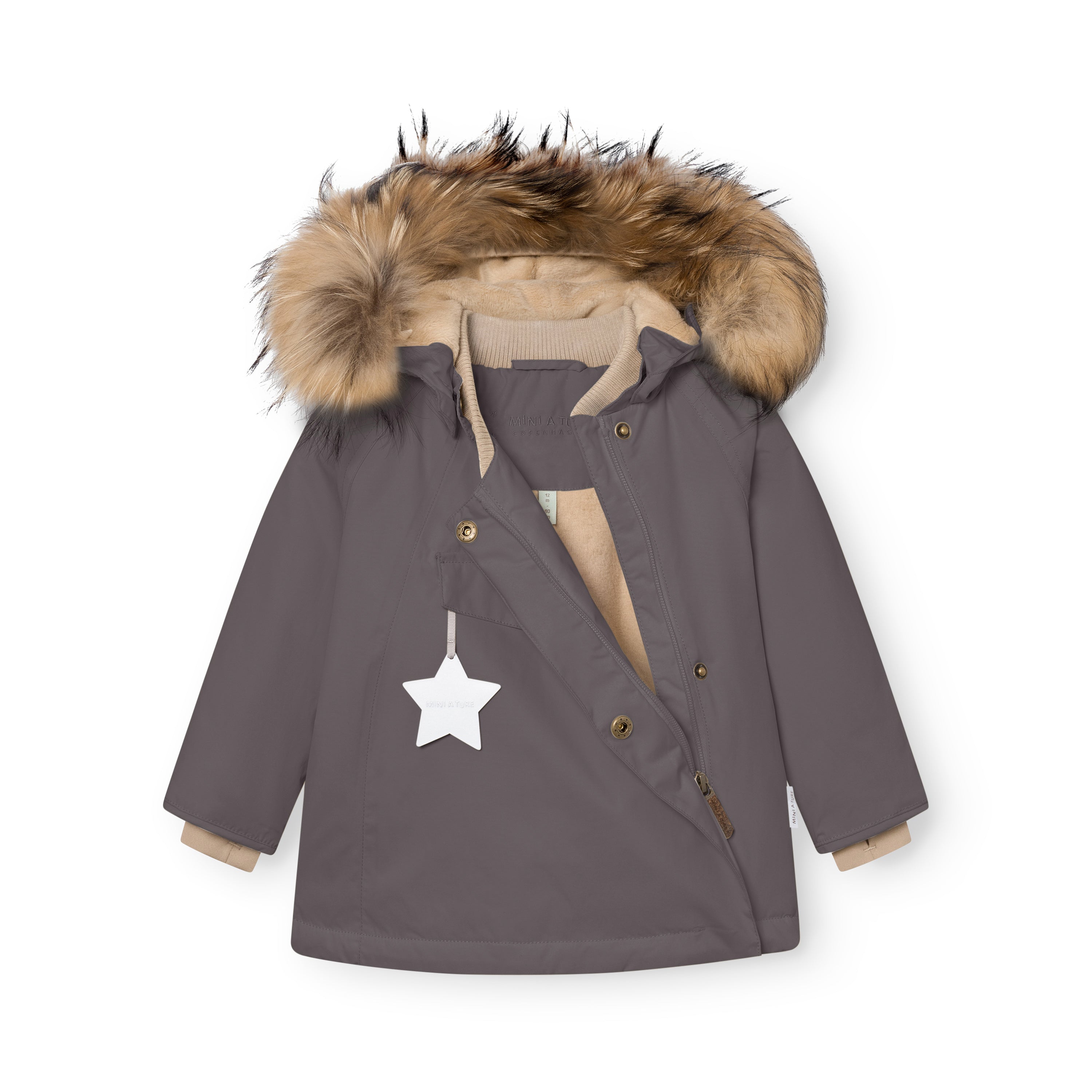 MATWANG fleece lined winter jacket in grey with detachable real fur hood trim, showing the soft fleece lining in beige, ribbed collar, hidden slanted front zip, and reflective star detail on the chest pocket.