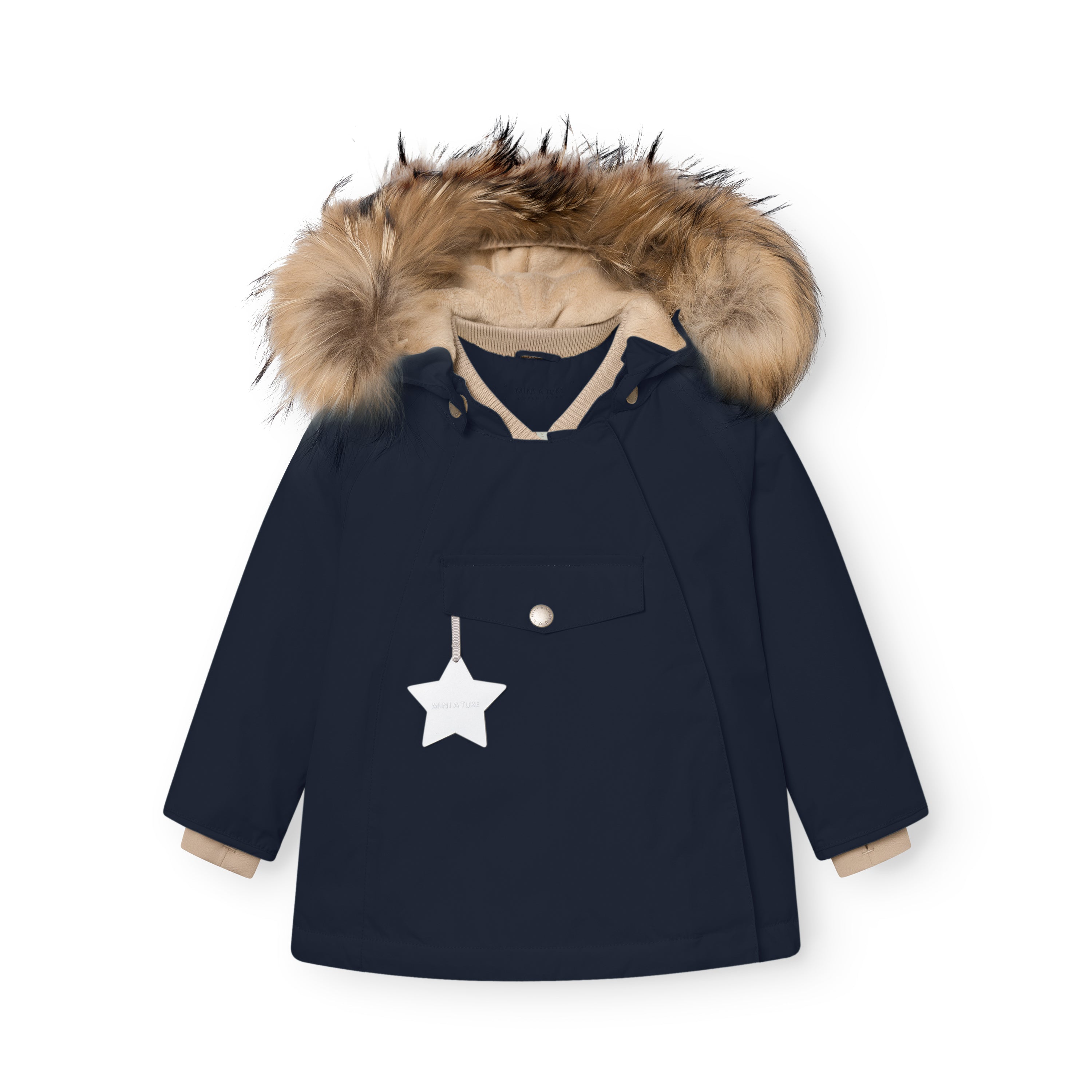 MATWANG fleece lined winter jacket in navy blue with a detachable real fur hood, beige ribbed collar visible at the neckline, white reflective star zip pull on the chest pocket, press-stud placket covering the hidden slanted zip, and beige fleece lining showing at the cuffs.