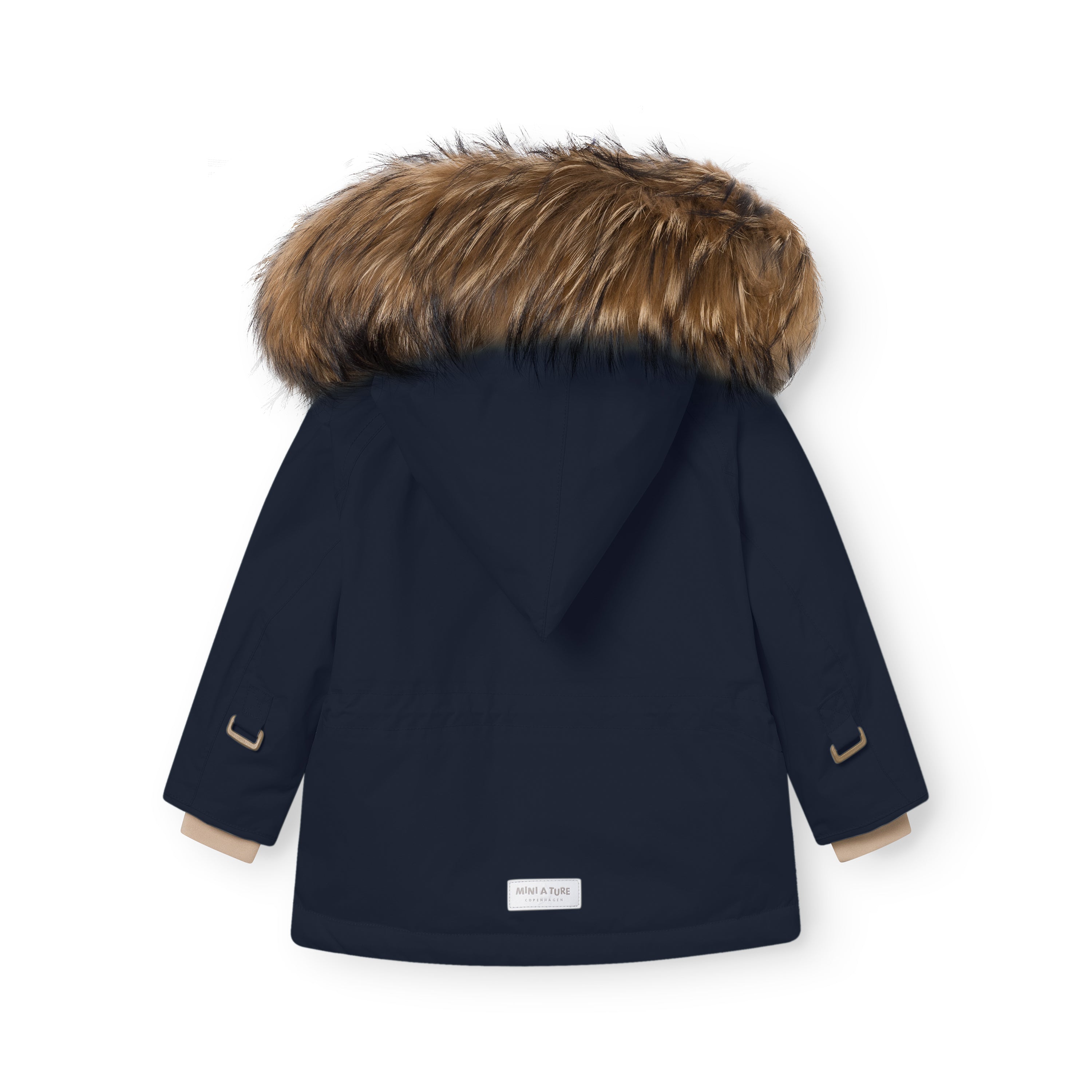 Rear view of the MATWANG fleece lined winter jacket in navy blue showing the detachable real fur hood, waterproof recycled nylon shell, beige fleece lining at the cuffs, and MINI A TURE label at the hem.