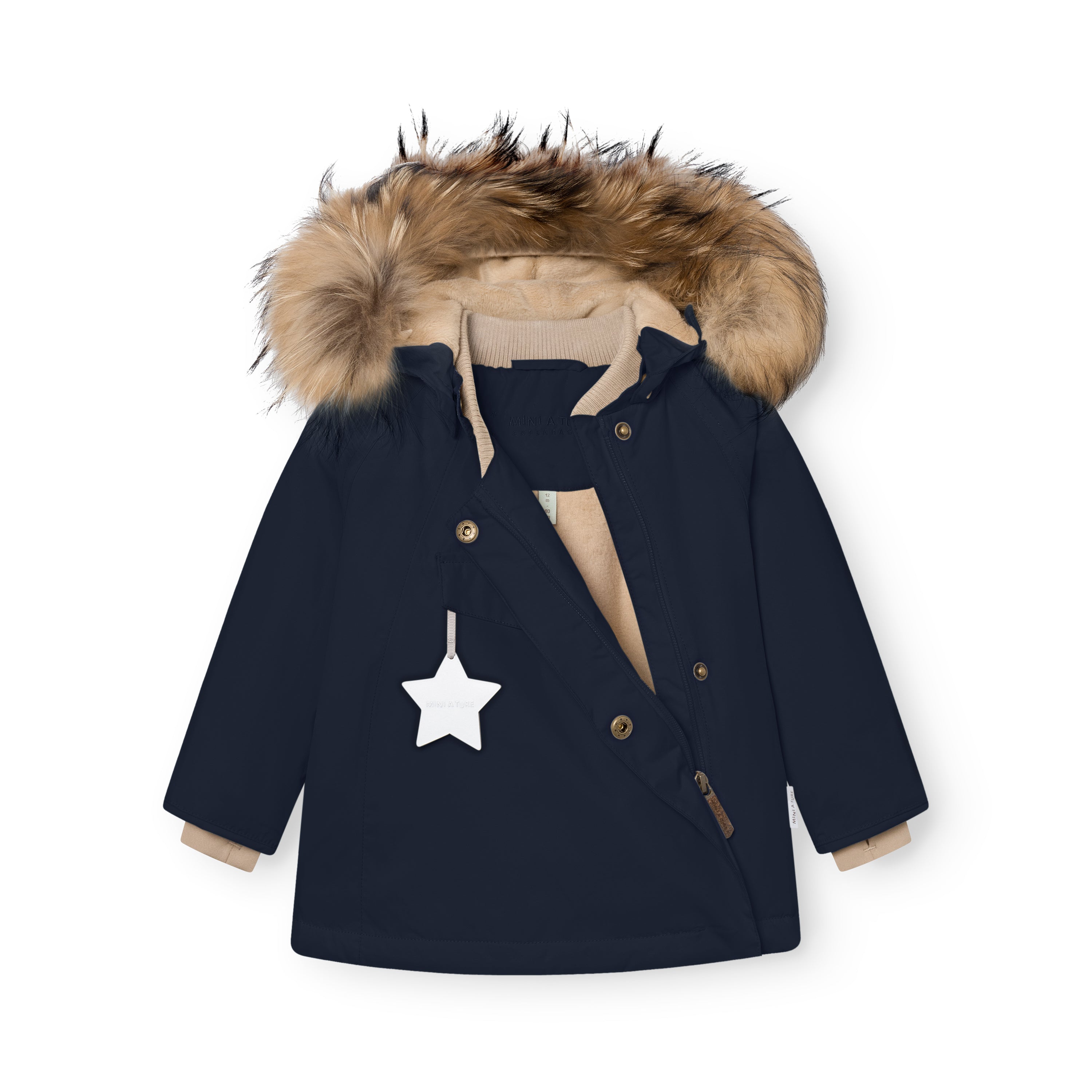 MATWANG fleece lined winter jacket in navy blue with the press-stud placket partially unfastened to reveal the beige fleece lining and beige ribbed collar, detachable real fur hood trim, white reflective star zip pull on the chest pocket, and beige fleece lining visible at the cuffs.