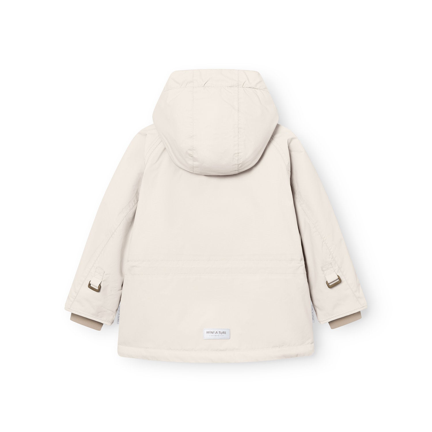 Rear view of the MATWALLY fleece lined winter jacket in soft cream, showing the detachable hood secured by metal snap buttons, metal D-rings with fabric tabs at both wrists for snow cuff adjustment, and the white MINI A TURE woven label at the centre back hem.