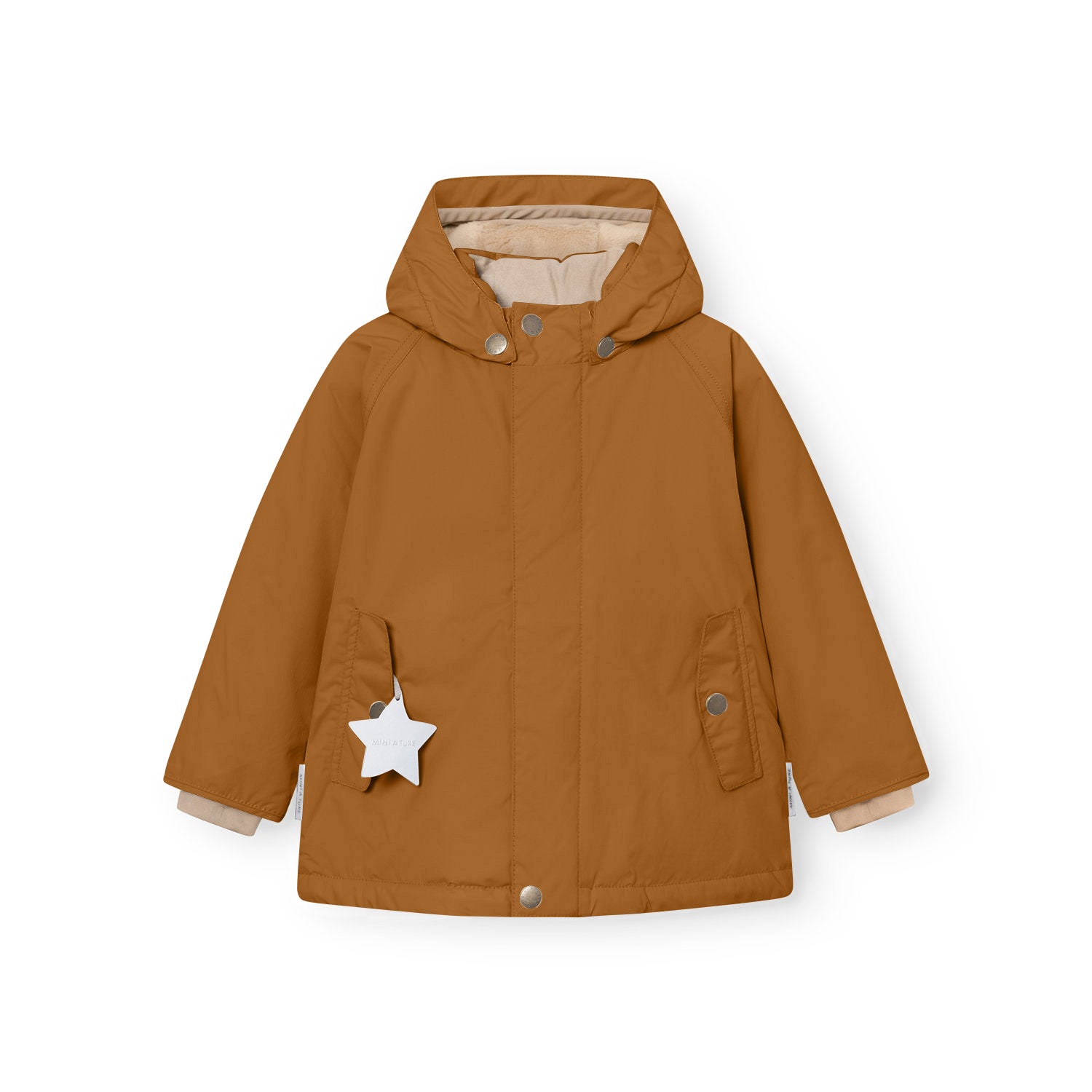 MATWALLY fleece lined winter jacket in caramel brown, front view showing the concealed centre-front zip, detachable hood secured by three embossed metal snap buttons, angled front pockets with snap closures, beige fleece lining visible at the cuffs, and a white reflective star hanging from the left pocket.