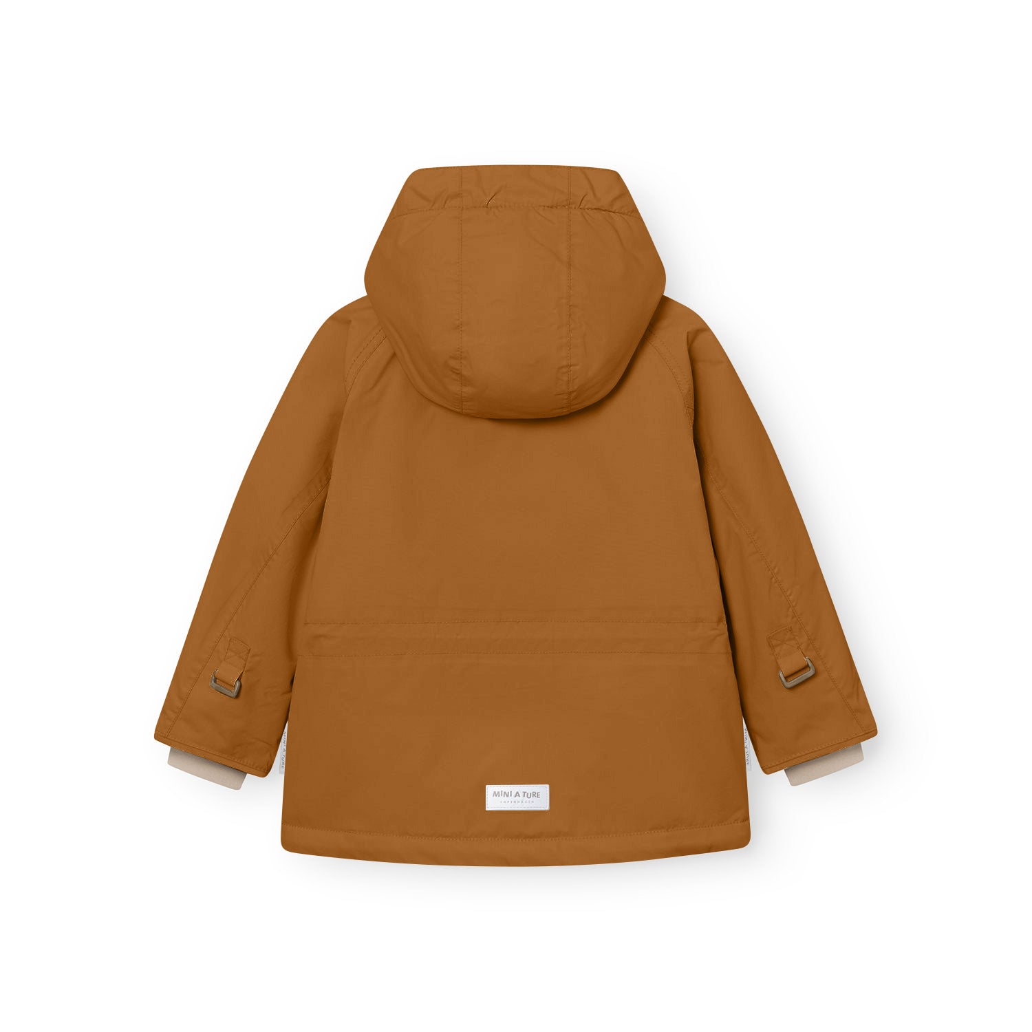 Rear view of the MATWALLY fleece lined winter jacket in caramel brown, showing the detachable hood, metal D-rings with fabric tabs at both wrists for snow cuff adjustment, beige fleece lining visible at the cuffs, and the white MINI A TURE woven label at the centre back hem.