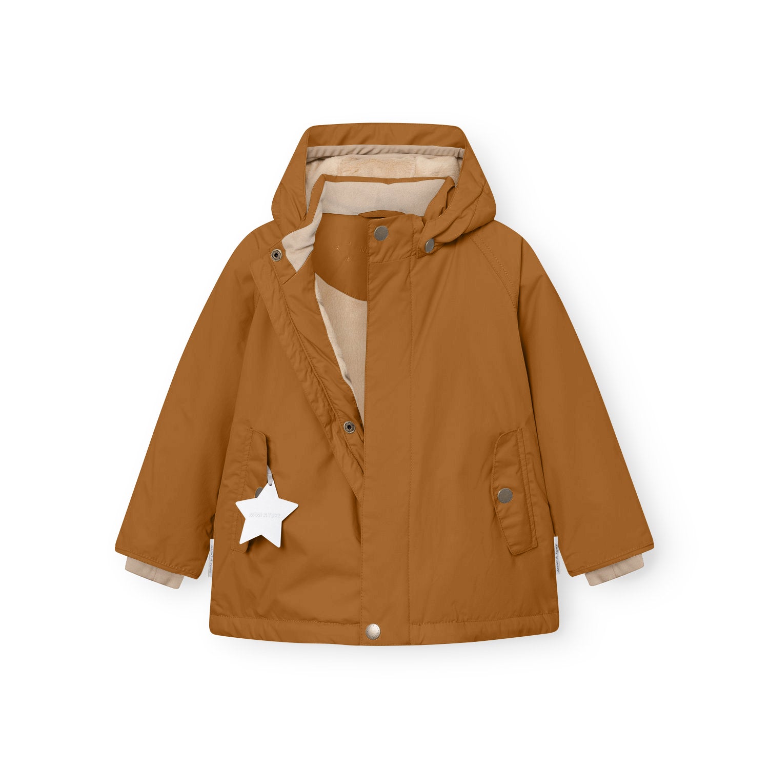 Young child wearing the MATWALLY fleece lined winter jacket in caramel brown, front view showing the detachable hood, concealed centre-front zip partially open to reveal the beige fleece lining, angled front pockets with snap closures, and a white reflective star hanging from the left pocket.